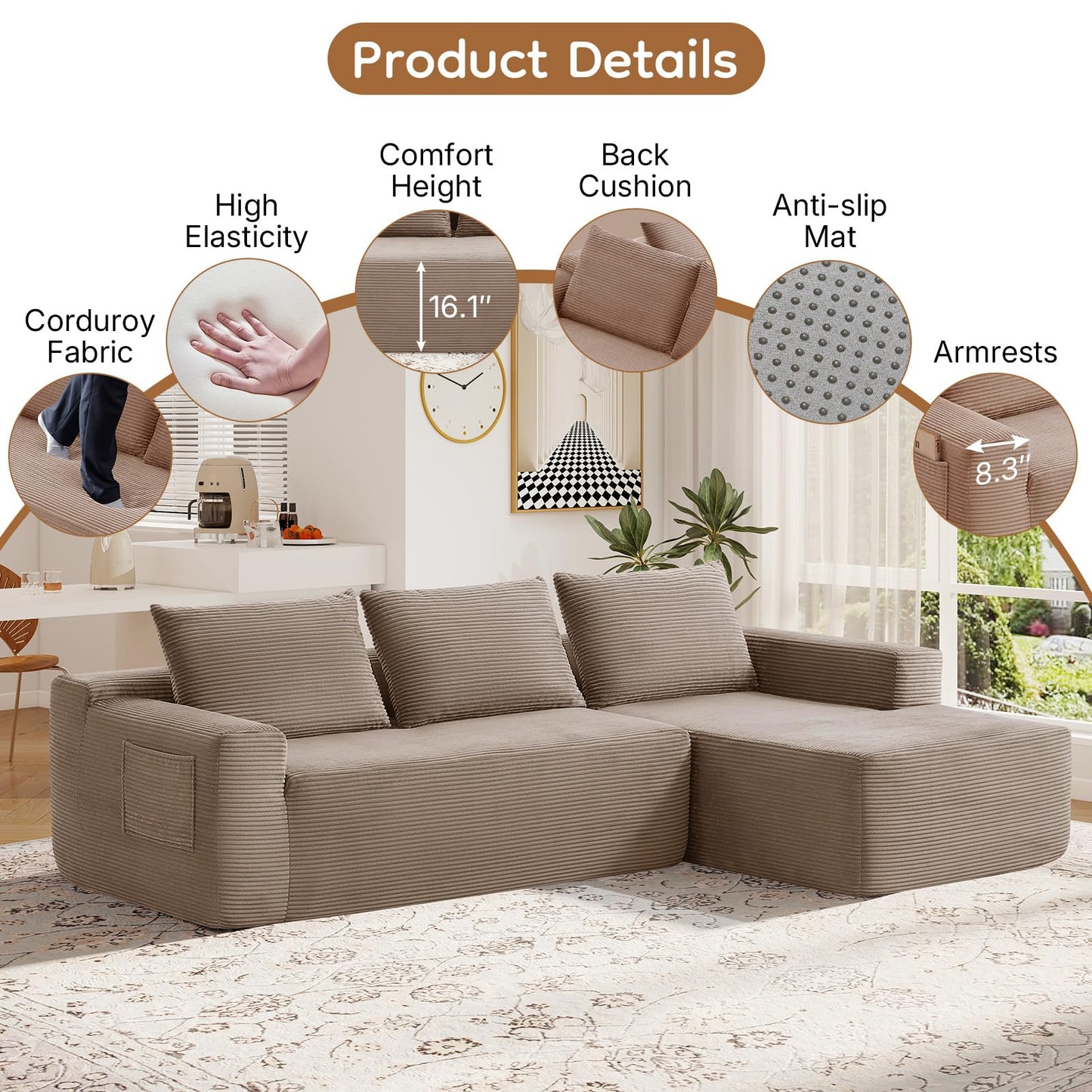 Skepphlay 97" L Shaped Boneless Couches fo Living Room, Modular Sectional Sofa, Camel Corduroy Compression Couches for Small Spaces, No Assembly Required (Right Facing Chaise)