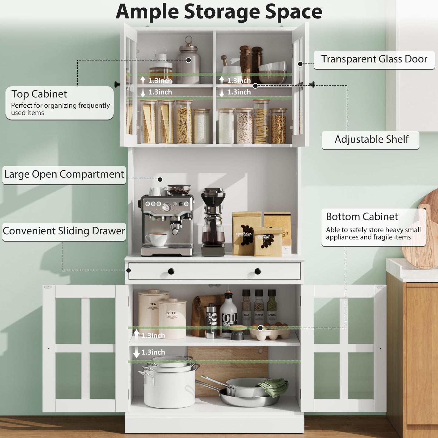 Garvee 72 Inch Kitchen Pantry Cabinet with Glass Doors, Drawer and Adjustable Shelves, Farmhouse Tall Storage Cabinet with Open Countertop, Coffee Bar Cabinet for Coffee Corner, White