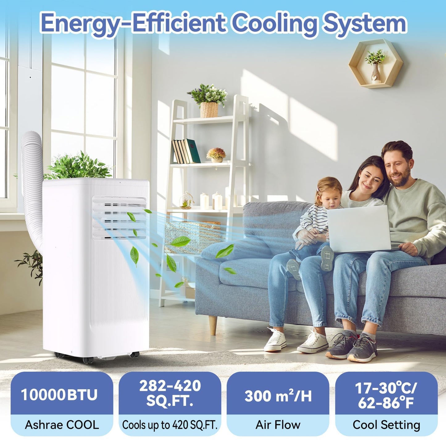 Portable Air Conditioner, 10000 BTU Portable AC for Rooms Up to 560 Sq ft, 3-in-1 Cooling/Fan/Dehumidifier, Remote & LED, Sleep Mode 24H Timer, Wheels, Window Vent Kit