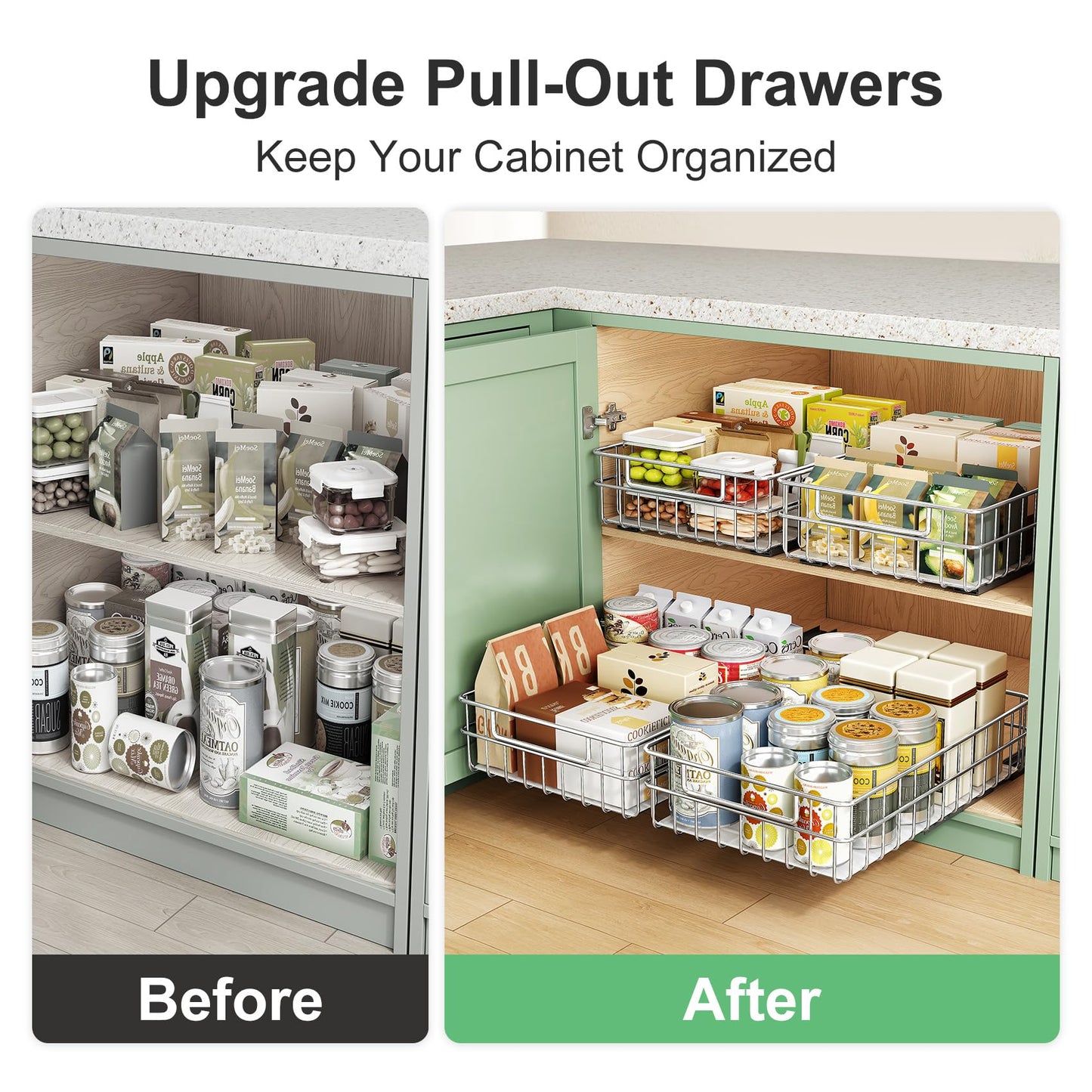 Pull out Cabinet Organizer, Stainless Steel 4-Pack Slide out Drawer with Silent Full-Extension Slides, Adhesive Roll out Can Spice Storage Basket Shelf Rack for Pantry, Kitchen, Bathroom, Home Closet