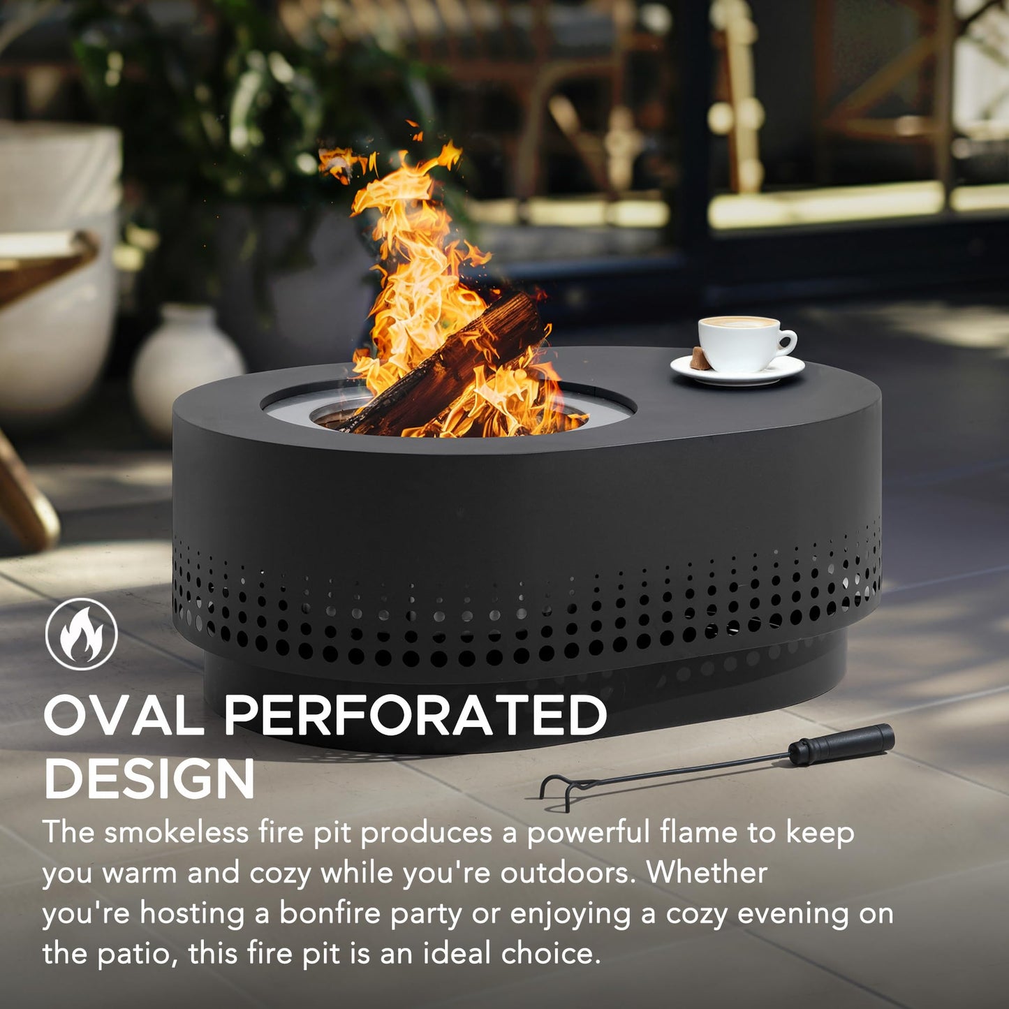 SUNJOY Smokeless Fire Pit with Table Top, 38-Inch Oval Firepit for Outdoor, Stainless Steel Wood Burning Fireplace w/Removable Ash Pan, PVC Cover and Fire Poker, Ideal for Camping, Backyard, Grey