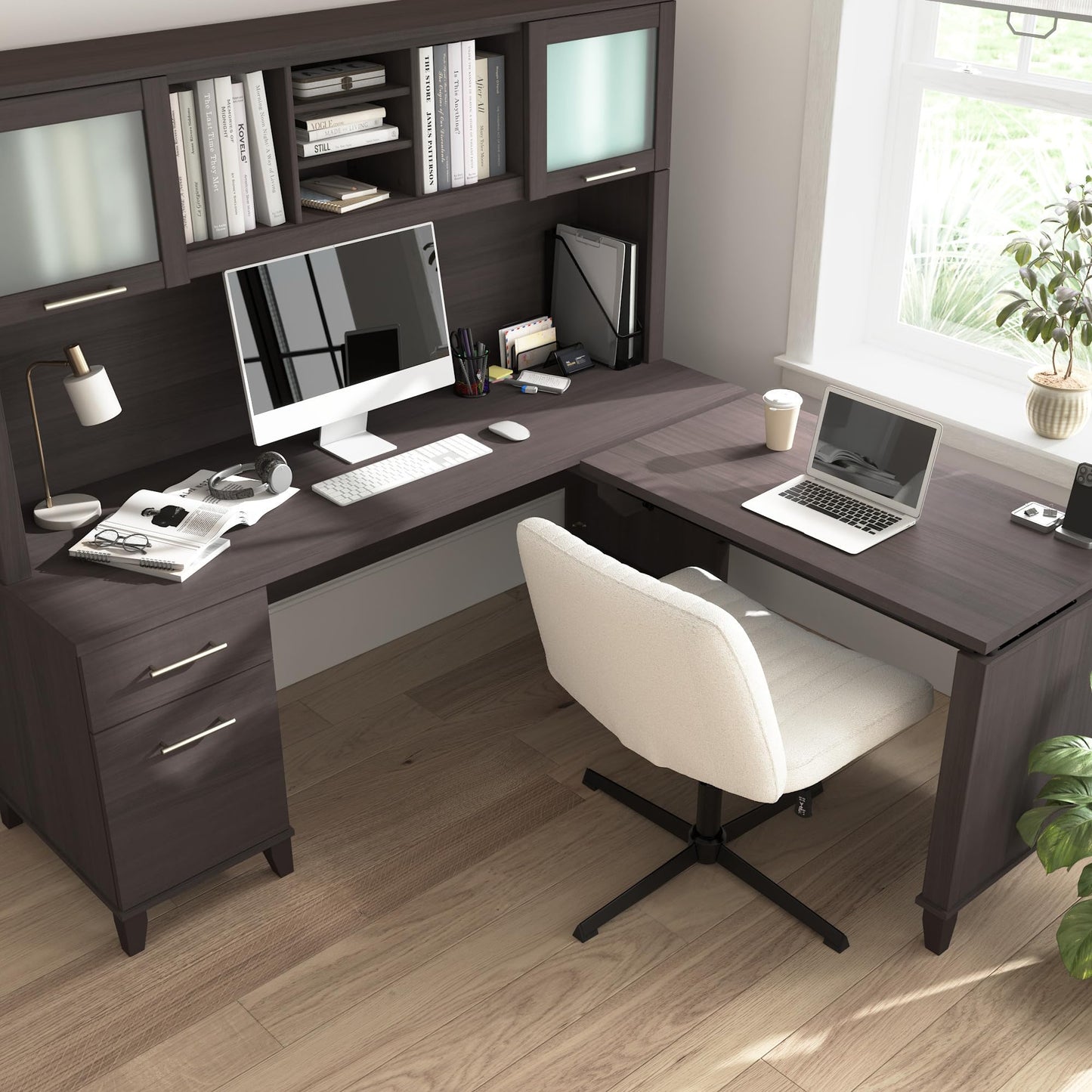 Bush Home 72-Inch L-Shaped Sit to Stand Desk with Hutch, Adjustable Height Standing Corner Computer Desk with Drawers, Shelves and Storage Cabinet, Home Office, Somerset Collection, Storm Gray