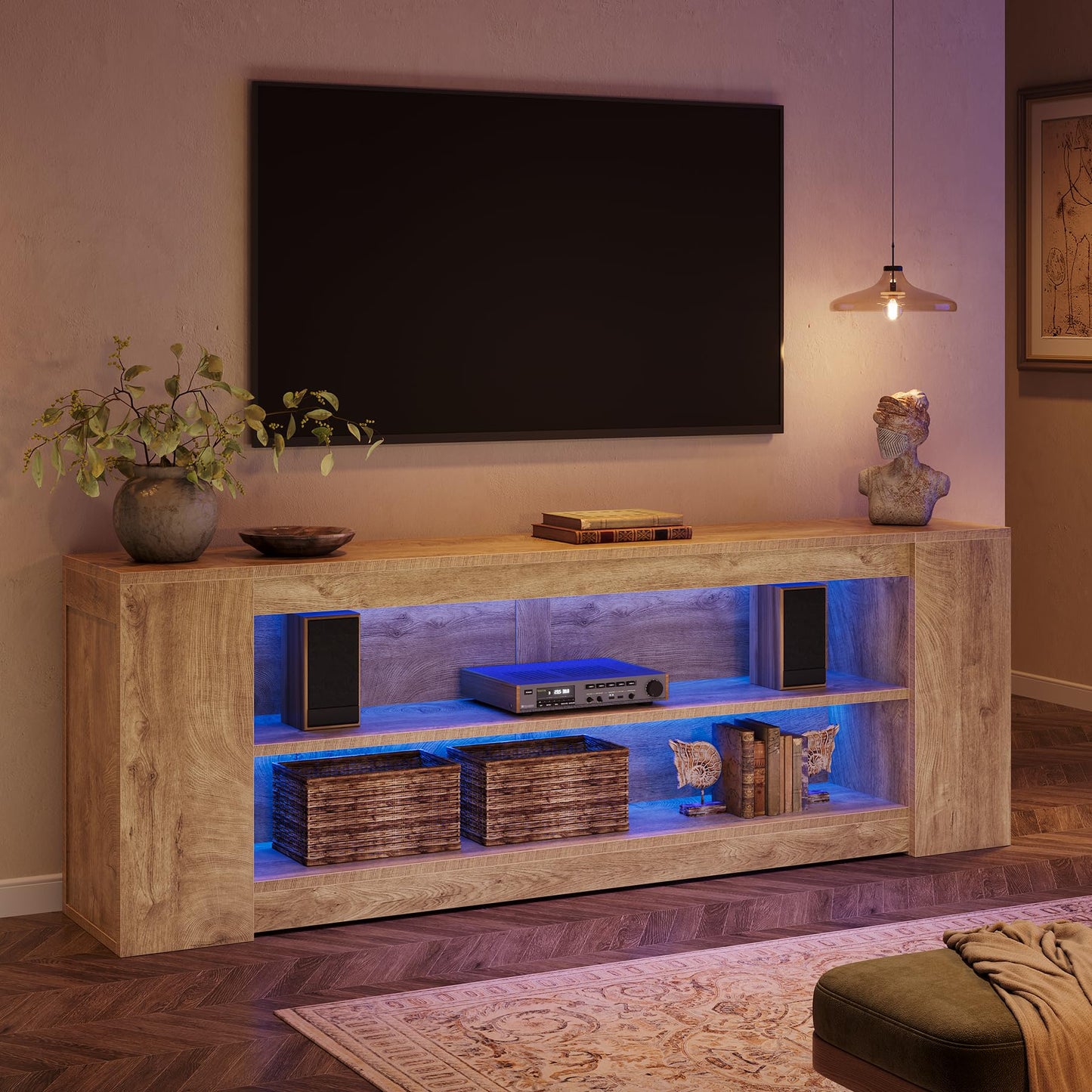 Tribesigns 78" LED Light TV Stand for TVs up to 90 Inches, 3 Tiers Farmhouse Entertainment Center with Open Storage Shelves, Media Console Table for Living Room, Bedroom, Rustic Brown