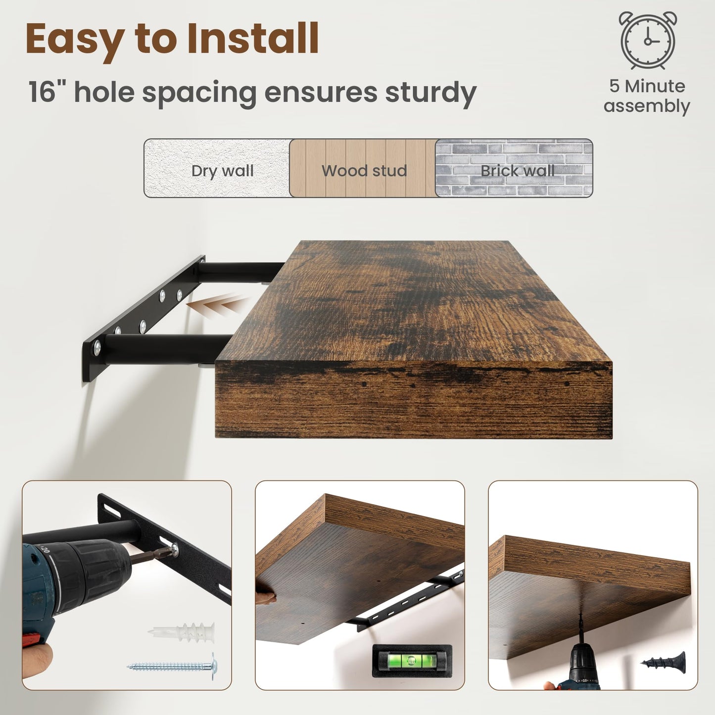 72 Inch Floating Shelves for Wall, 8 Inch Deep Floating Shelf for Storage & Display, Wall Mounted Shelf with Invisible Brackets for Living Room, Kitchen, Bathroom, Home Decor, Set of 2, Rustic Brown