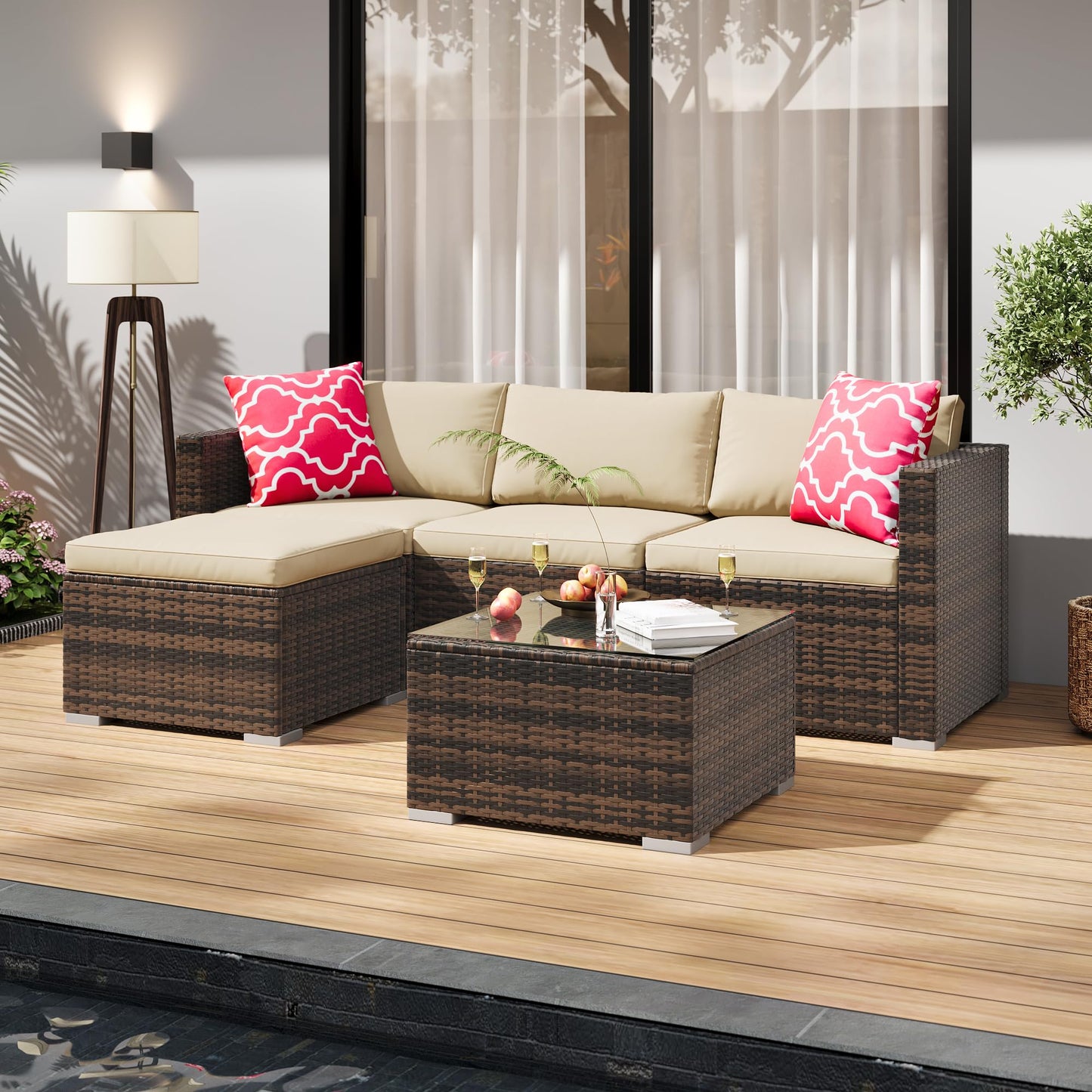 PeakPursuit Outdoor Patio Furniture Set, 5 Pieces Rattan Patio Conversation Sets with Glass Coffee Table and Cushion,All Weather Outdoor Patio Sofa for Garden, Poolside, Backyard,Khaki
