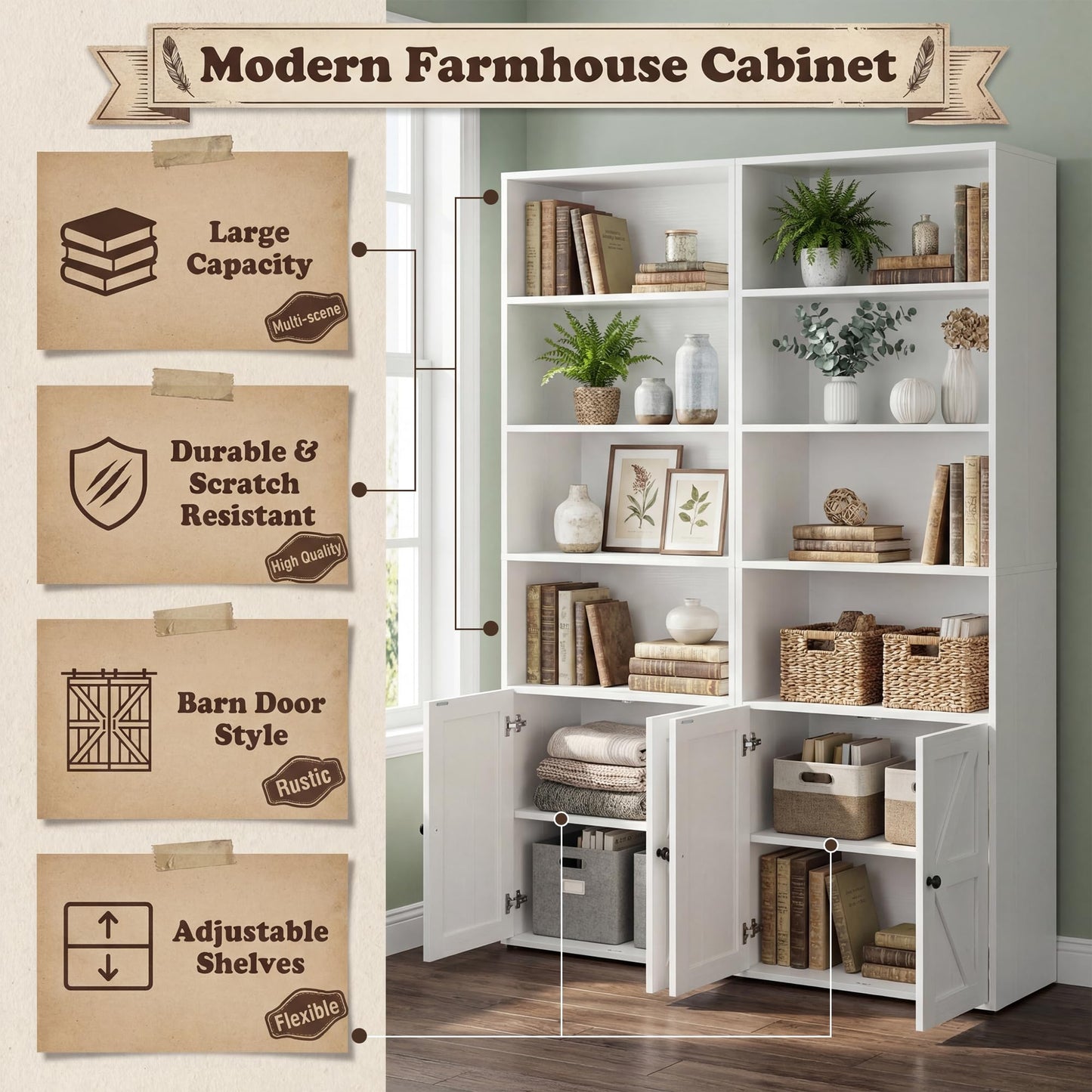 YESHOMY Farmhouse Bookshelf and Bookcase with Storage, 71.5" Tall Industrial Bookshelves and Bookcases with Doors, 4-Tier Floor Standing Tall Display Cabinet for Home Office, Living Room, White, 2 PCS