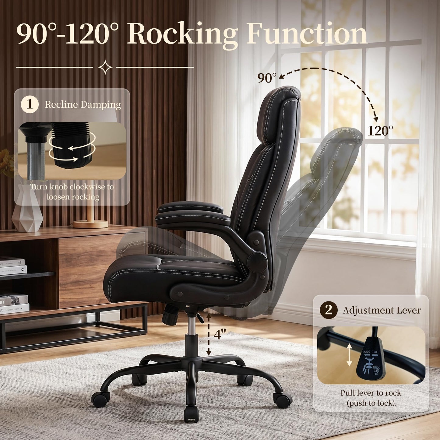 OwgeinSet Office Chair, Leather Ergonomic Computer Desk Chair with Rocking Function, High Back Executive Home Office Chair with Adjustable Flip-up Armrests, Lumbar Support, 360° Swivel, Black