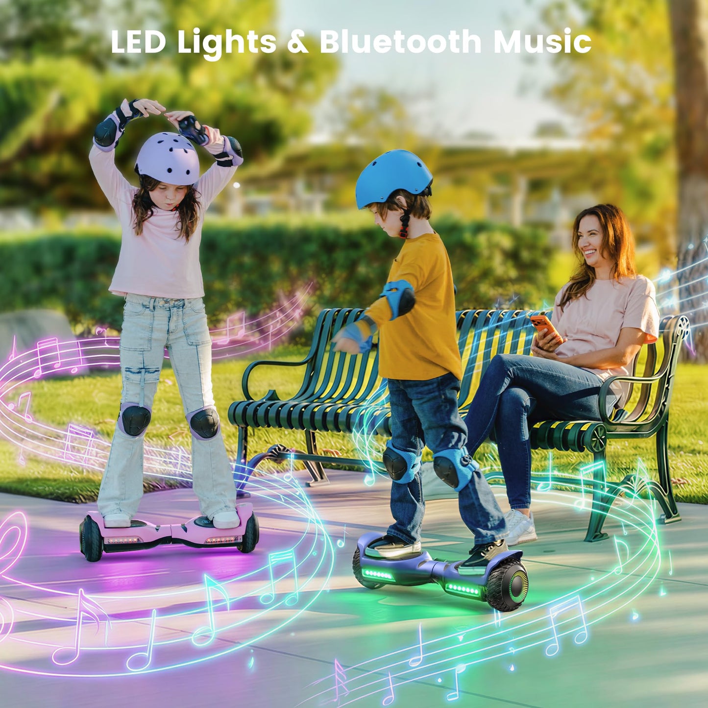Gyroor Scooter with Adjustable Seat Attachment, 6.5" All-Terrain Self Balancing Scooter, LED Lights & Bluetooth for Kids and Adults, Blue
