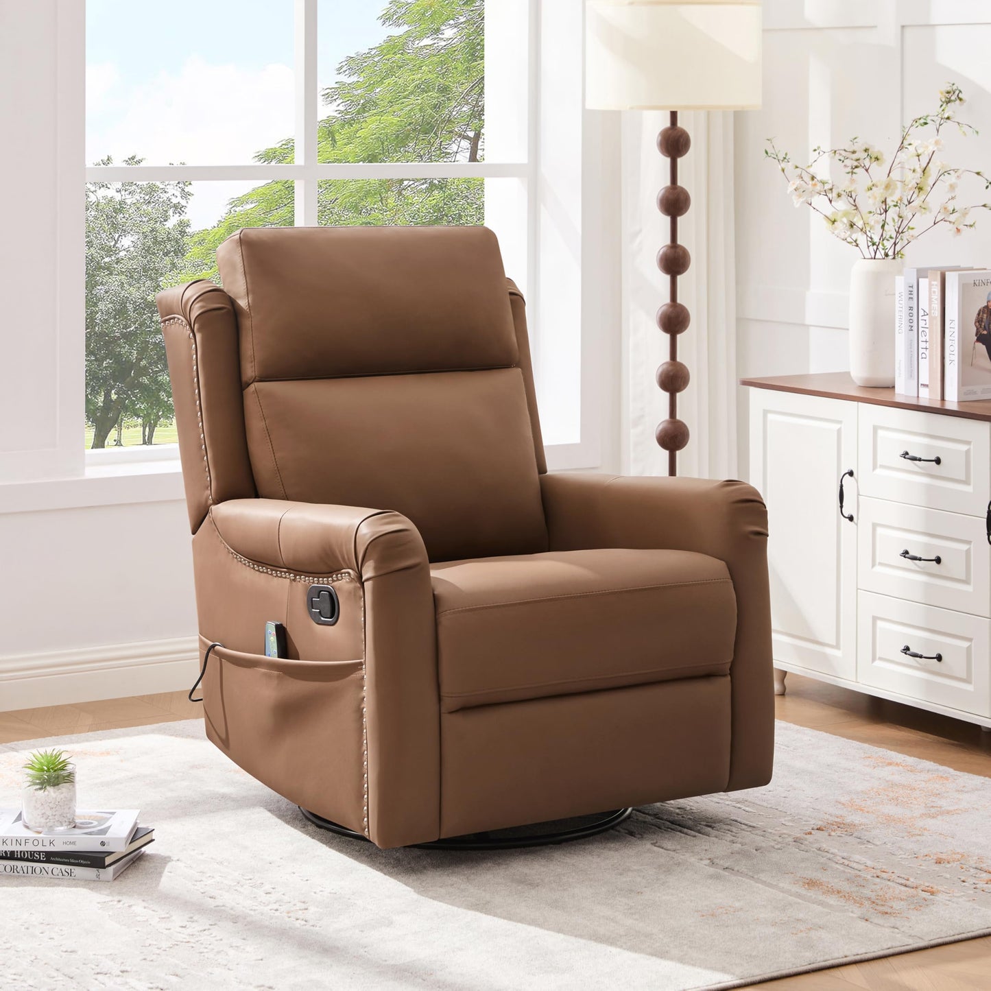 Merax Modern Manual Recliner Chair with Massage & Heat, 270° Swivel Rocking Chair, PU Leather Upholstered Home Theater Recliner with Storage Pocket, Adjustable Backrest for Living Room, Brown