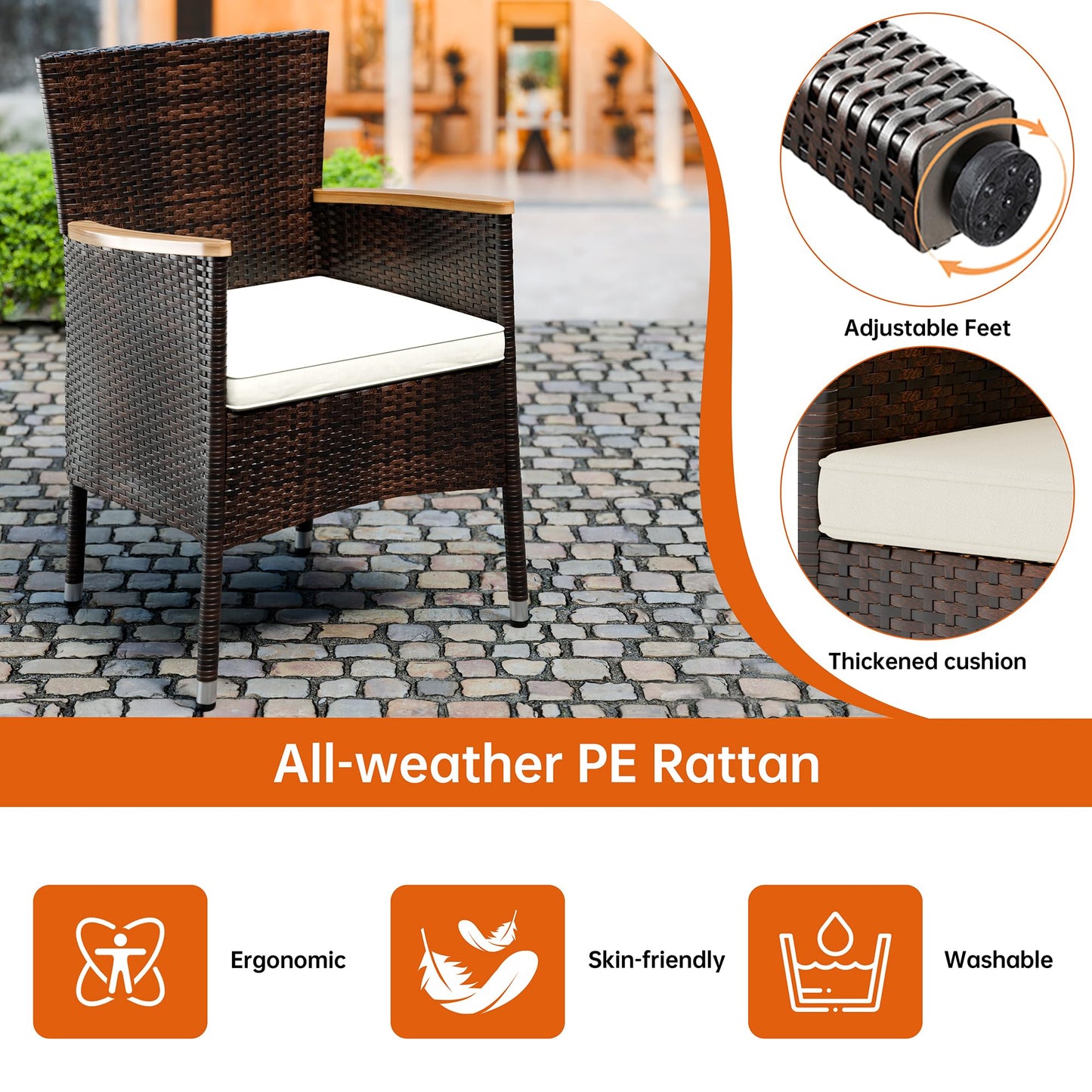 Shintenchi 7 PCS Patio Dining Set, Wicker Patio Conversation Set with Wooden Table Top, Outdoor Table and Chairs with Soft Cushions for Backyard, Deck and Garden, Brown Wicker
