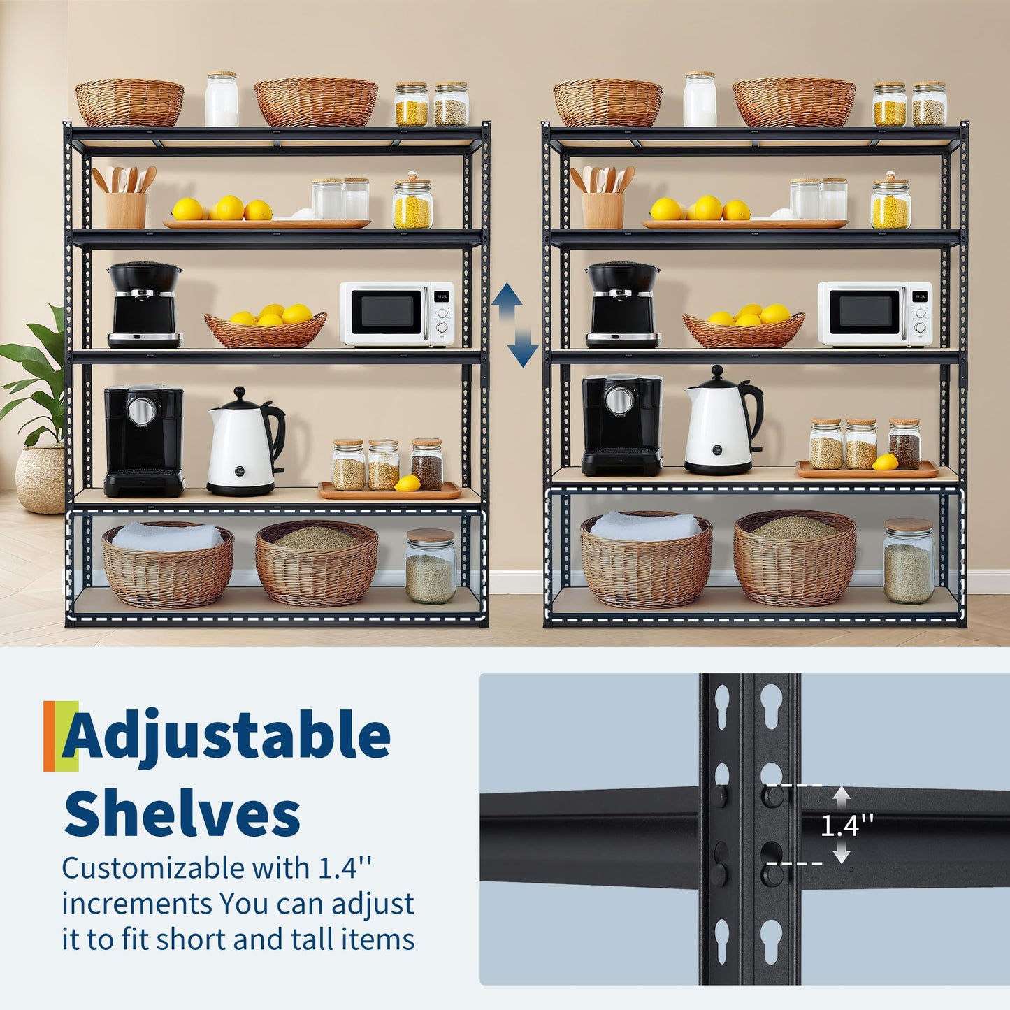 Garage Storage Shelves 5 Tiers, Heavy Duty Storage Shelving Racks with 3000 LBS Capacity, 60 " L x 24 in W x 72 in H Metal Adjustable Shelving Unit for Kitchen Pantry Basement Bathroom Laundry