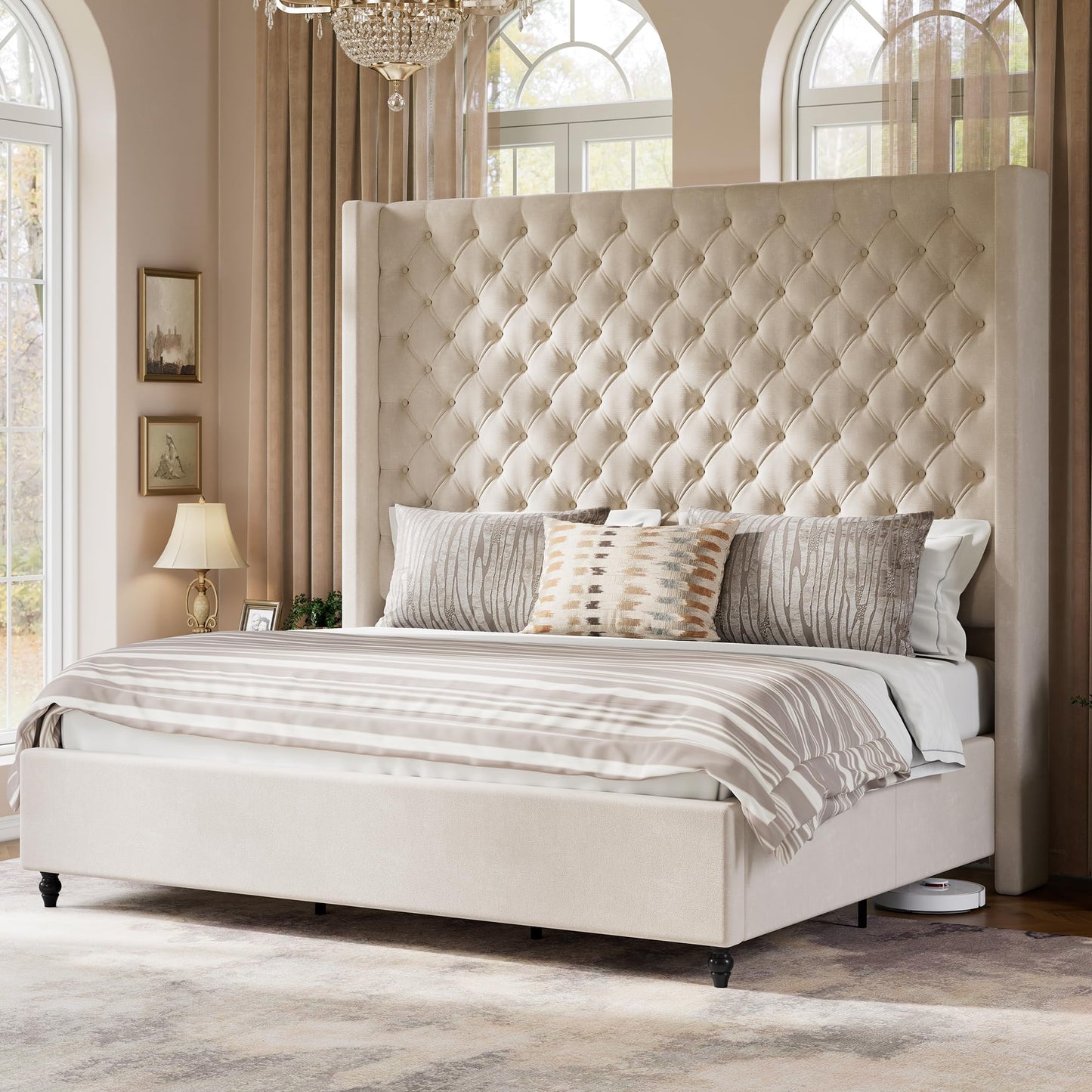 Jocisland King Size Bed Frame with 65" Tall Headboard, Upholstered Wingback Platform Design, Handcrafted Pleats & Deep Button Tufted, Solid Wood Legs, No Box Spring Needed, Cream