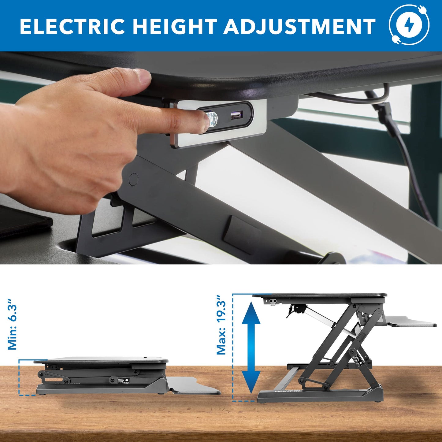 Mount-It! Electric Standing Desk Converter with Dual Monitor Arms for 2 Screens (Max 32"), Large 35.4" Wide Desktop, Motorized Stand Up Desk Riser, Keyboard Tray, USB, Black Stand up Desk Convertor