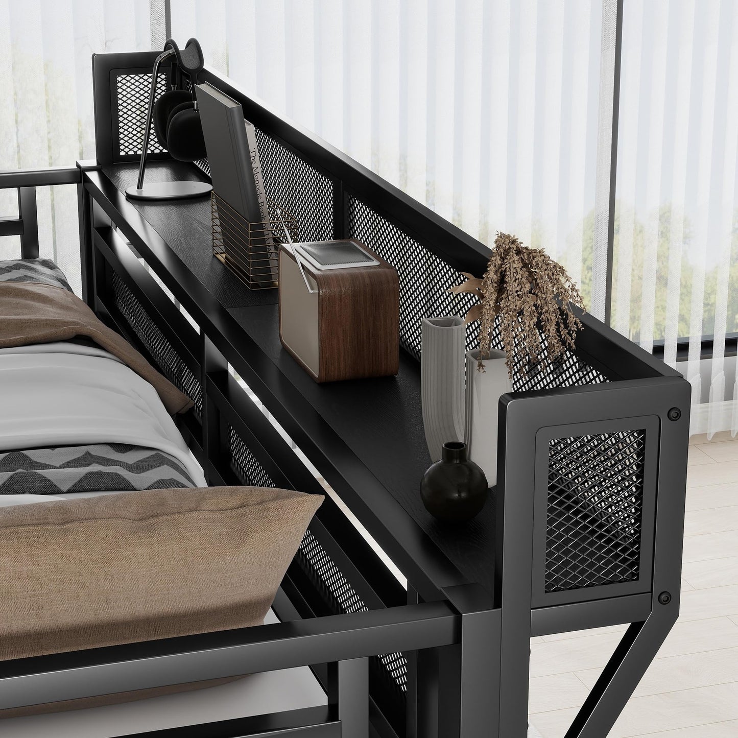 KEIKI Queen Size Metal Loft Bed Frame with Convertible Staircase, Built-in Storage Shelves and Wardrobe, Loft Bed with Solid Slats, Guardrail, No Box Spring Required, Easy Assembly, for Bedroom, Black