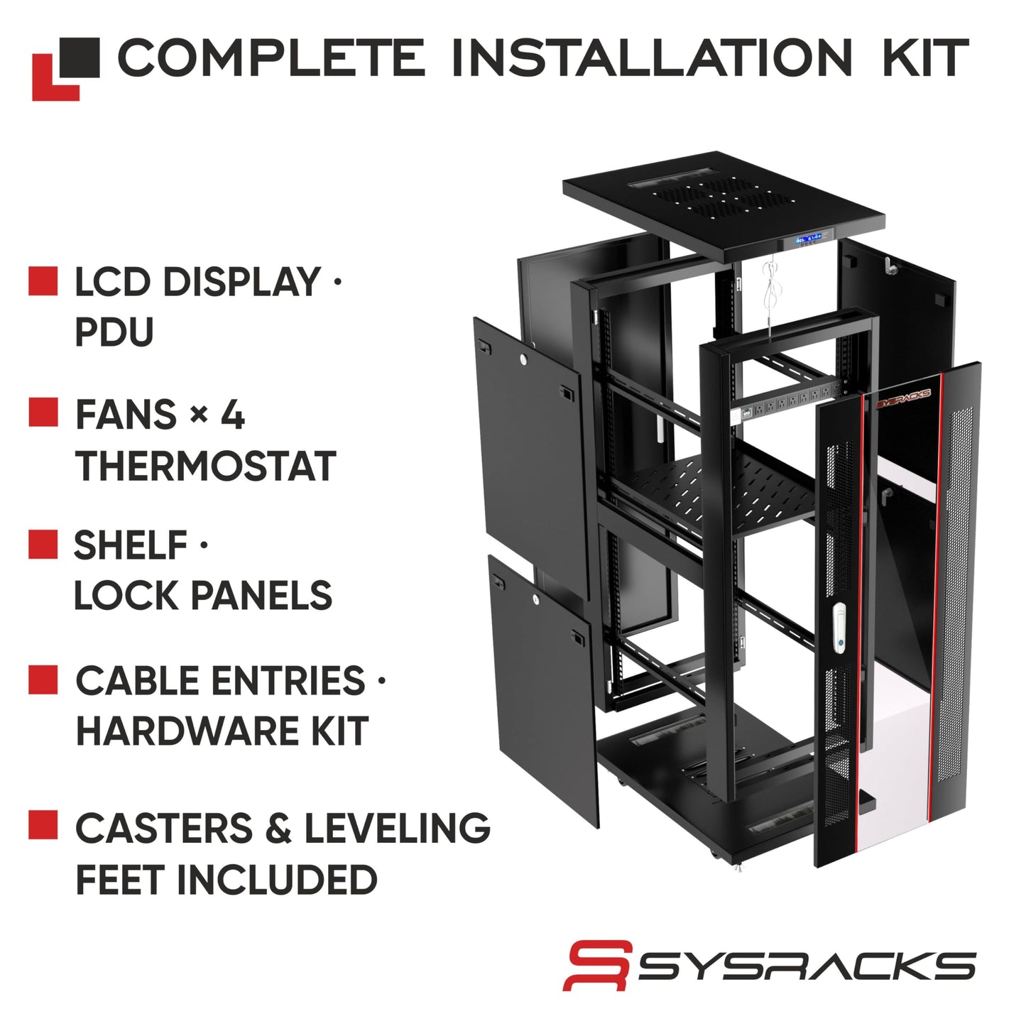 Sysracks 42U Server Rack Cabinet, 19” Floor Standing Enclosed Network Cabinet, 39” Deep IT Rack with Glass Door, 4 Fans, Temperature Control, PDU, Shelf