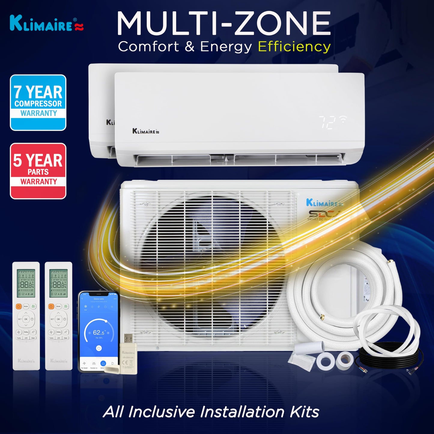 Klimaire 18,000 BTU 2-Zone 23 SEER2 Wall Mounted Mini Split Heat Pump System w/All Inclusive Installation Kits (9,000 BTU + 12,000 BTU) - R454B