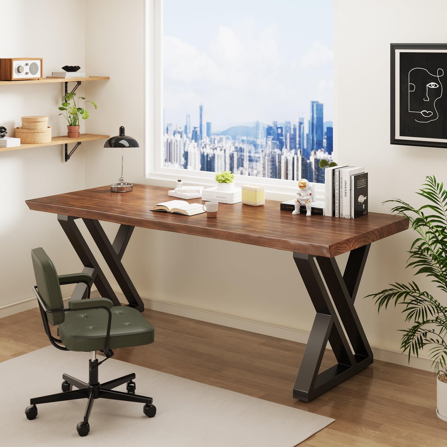 SXXjiaju Solid Wood Desk 63 Inches, Live Edge Wooden Home Office Computer Desk Metal Frame Modern Simple Design Executive Real Wood Desk for Writing Study Dining Gaming