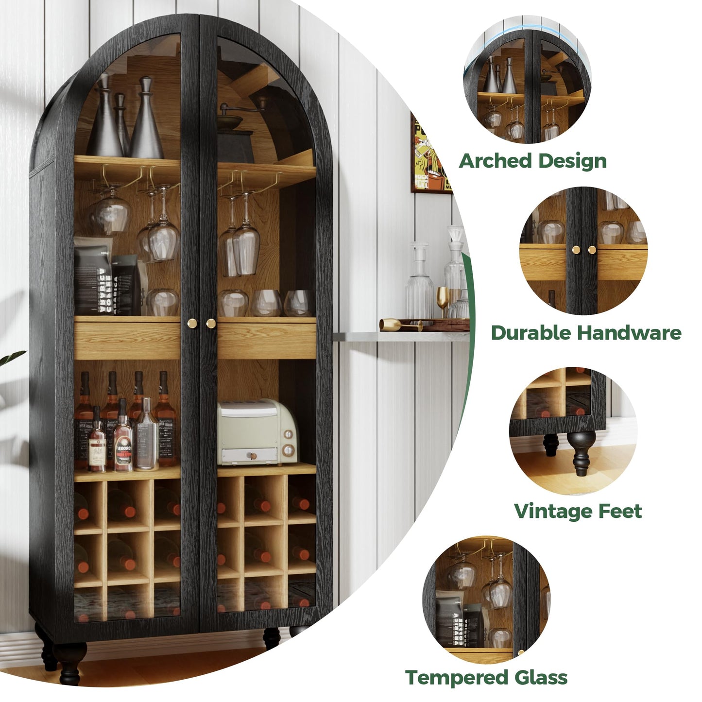 Trygoal Modern Farmhouse Arched Bar Cabinet, 71'' Tall Wine Cabinet with Built-in Stemware Rack & Glass Door, Black Arched Wine Cabinet with Storage, Large Liquor Cabinet for Living Room, Dining Room