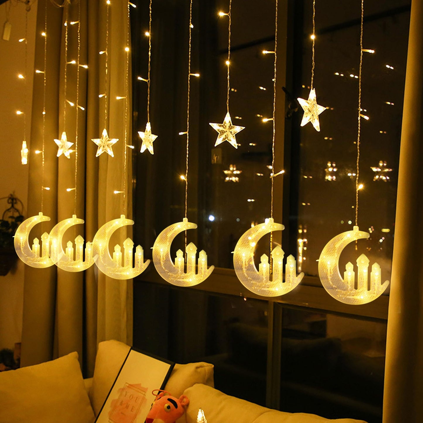 Dazzle Bright Curtain Fairy String Lights, 138 LED, 8 Lighting Modes, Warm White, Model HB-200COI, Perfect for Home Holiday Decor