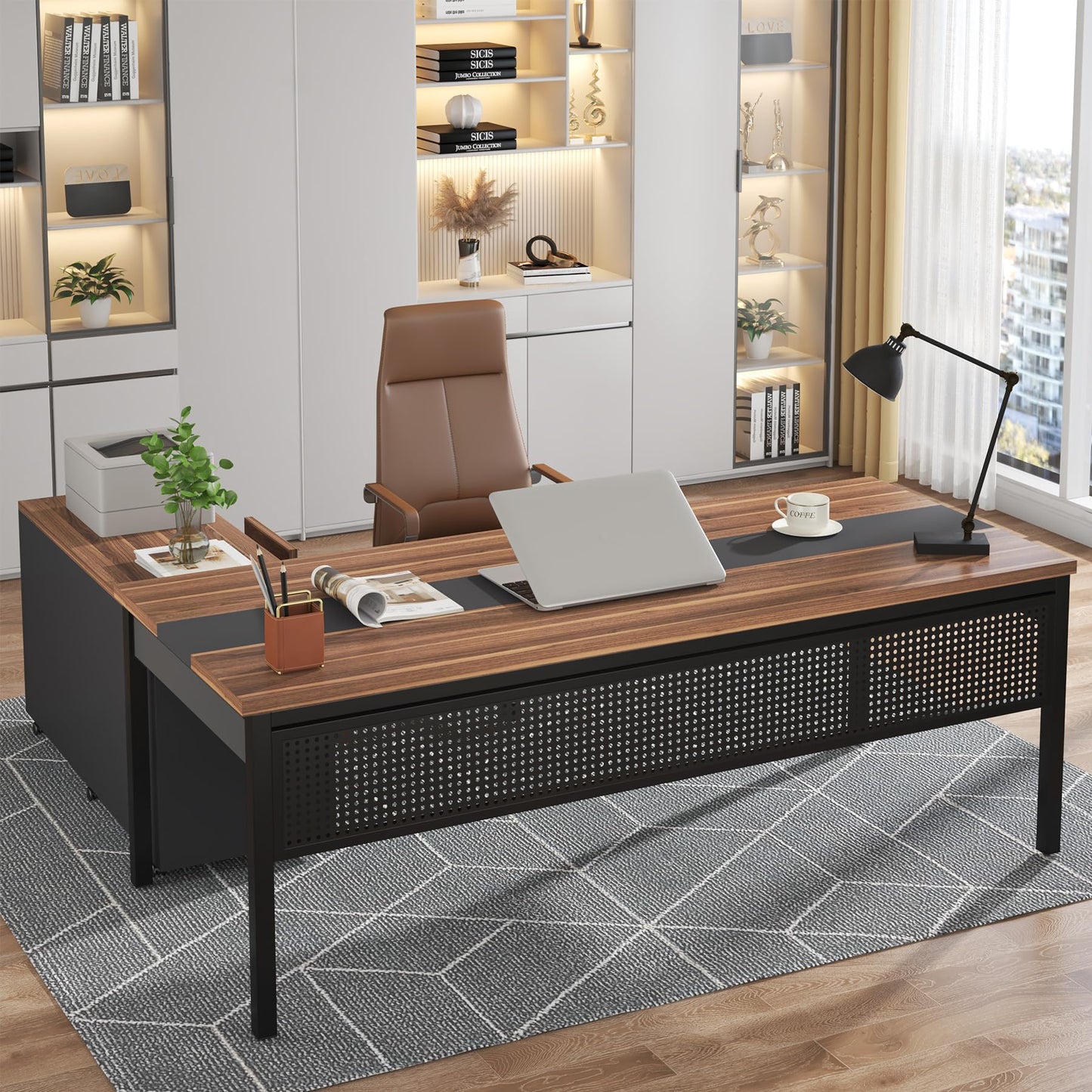 Tribesigns 71 Inch Executive Desk, L-Shaped Desk with Mobile File Cabinet, Executive Office Table with 2 Drawers and Storage Shelves, Business Furniture Workstation for Home Office, Walnut and Black
