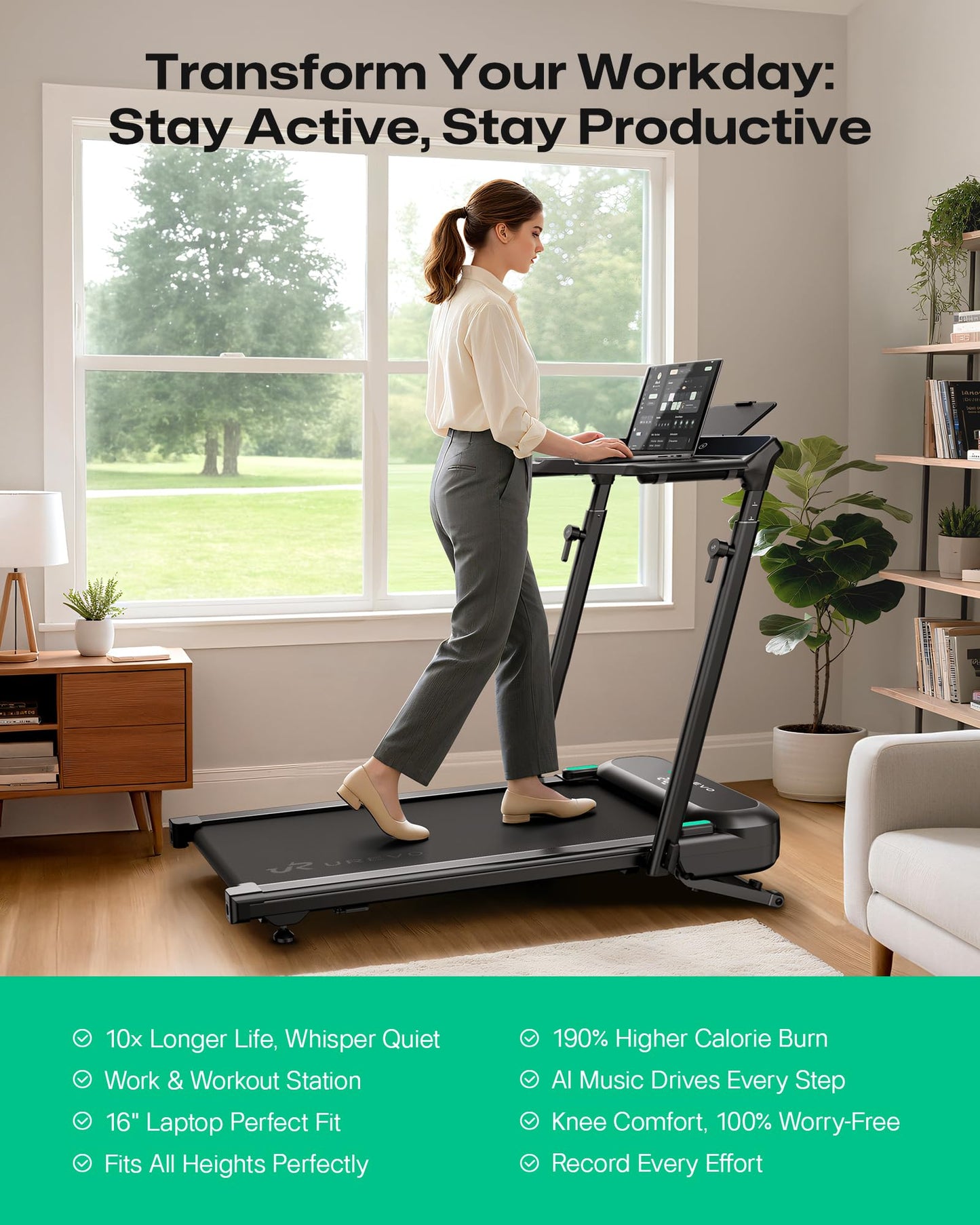UREVO Foldimix 5L Treadmills for Home, Dual Brushless Motorized 3.0HP ，9% Auto Incline Walking Pad with Adjustable Handle Bar, Multi-Functional, 14-Point Shock Absorption, Standing Desk Treadmill