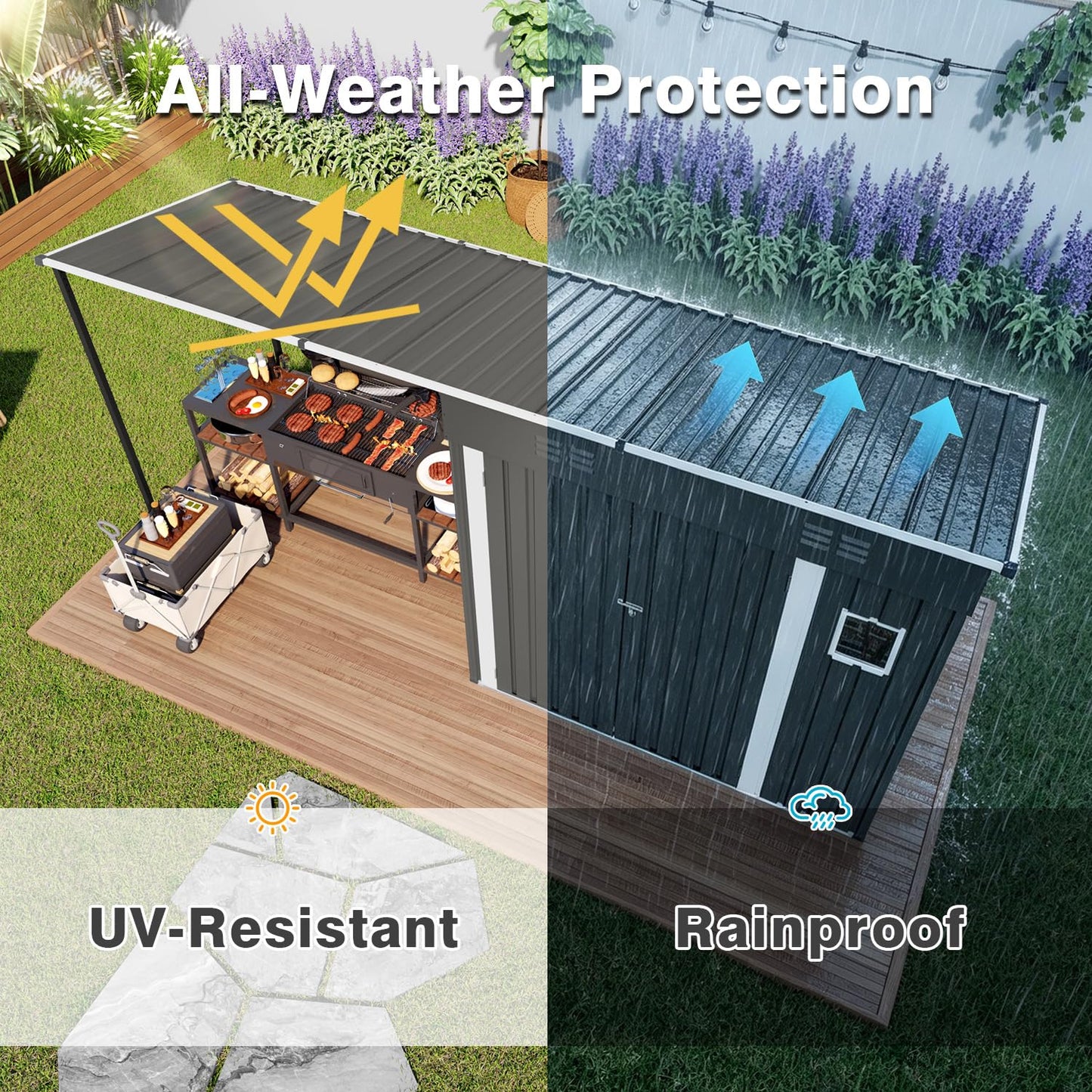 12x4FT Metal Lean-to Shed with Open-Sided Pergola, 4'x6' Outdoor Storage Shed & 6'x4' Hardtop Gazebo Combo, 2-in-1 Garden Storage Tool Shed for Patio, Backyard, Outdoor Organization Structure