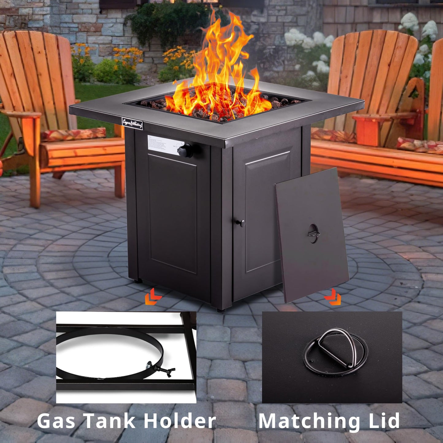 Hexago 28 Inch Propane Fire Pit Table, 50,000 BTU Square Outdoor Gas Fire Table with Lid & Lava Rocks, Auto Ignition, ETL Certified, for Patio, Backyard, Garden & Deck