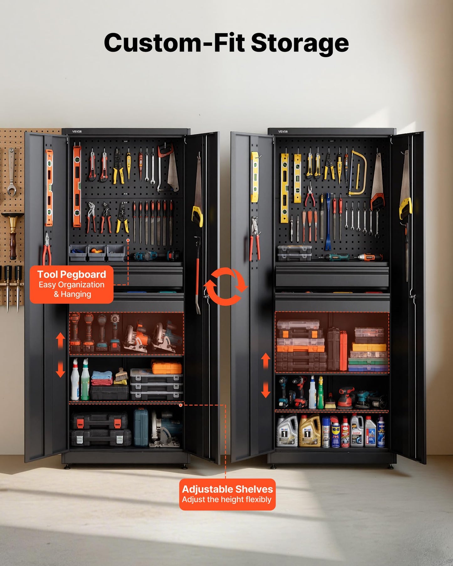 VEVOR Metal Storage Cabinet, 180 lbs Shelf Load Capacity, 70.87" Tall Garage Tool Storage Cabinet with 2 Locking Doors, Adjustable Shelves, 2 Drawers, Pegboard, for Garage, Home, Office, Utility Room
