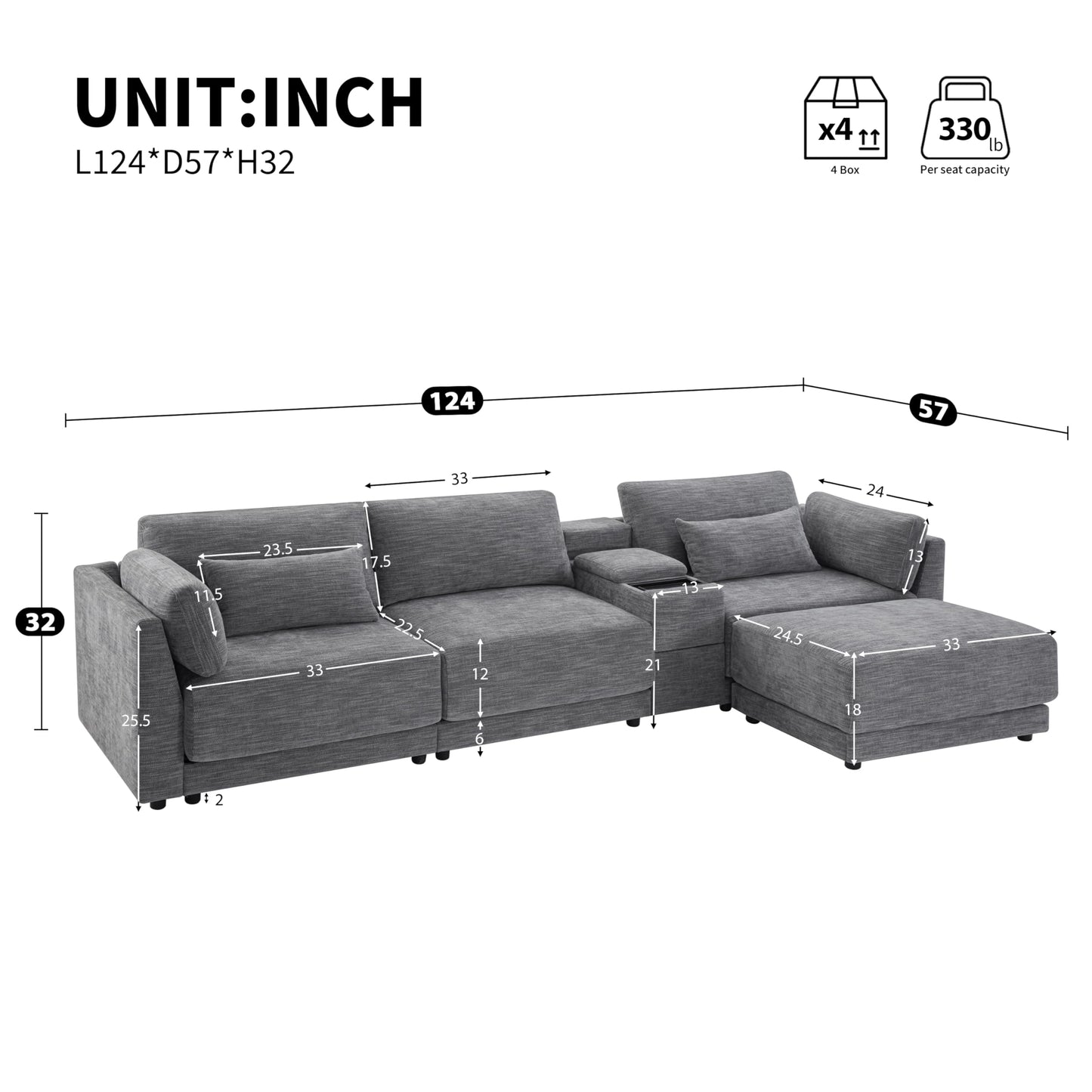 124" L-Shaped Corner Sectional Sofa with Multi-Functional Storage Console for Home Apartment, Luxury Chenille Upholstered Cloud Couches W/Wireless Charger & Ottoman