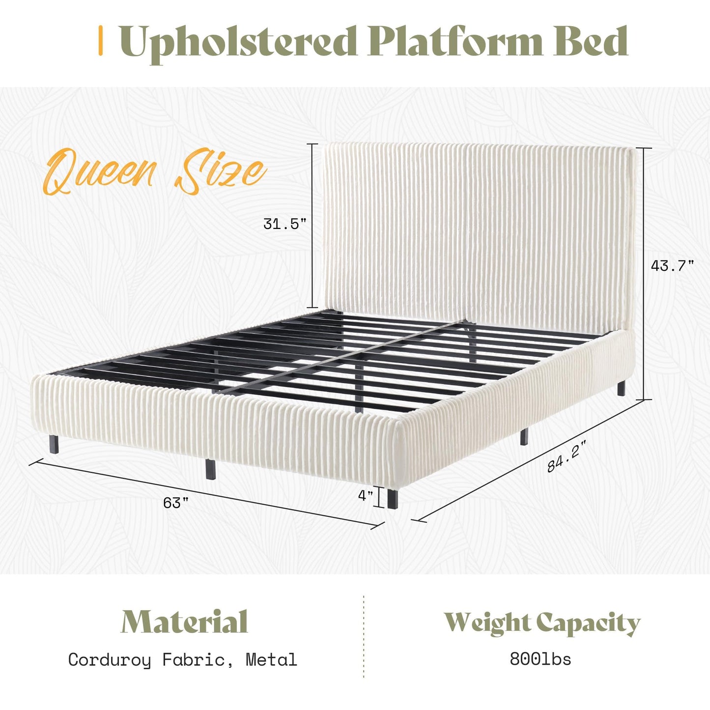 AMERLIFE Queen Bed Frame, Upholstered Metal Platform Bed with Vertical Channel Tufted Headboard, Soft Fabric & Strong Metal Slats, Noise-Free/Easy Assembly, White Queen Upholstered Bed and Headboard