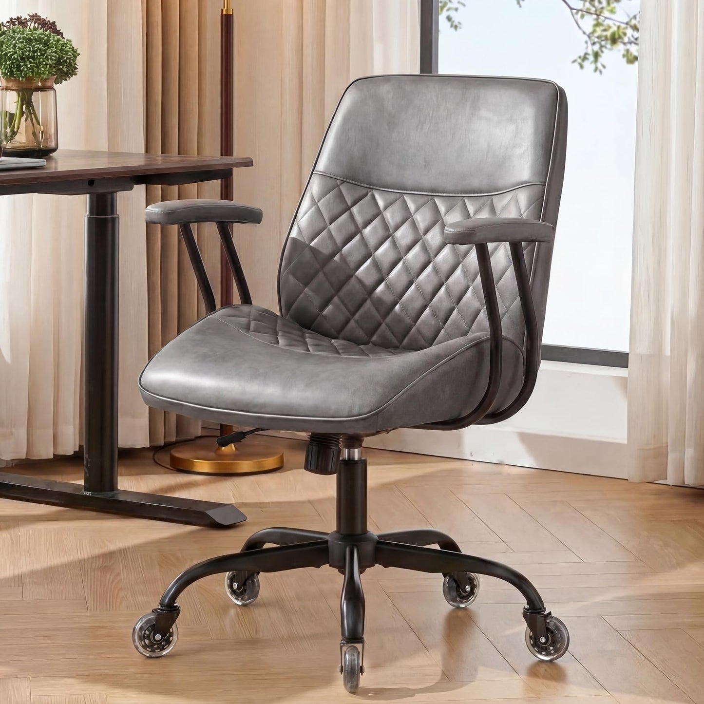 NEO Chair Ergonomic Leather Office Desk Chair with Fixed Armrests Mid Back Lumbar Support Swivel Executive Computer Chair with Wheels Comfy Home Office Chair for Adults (Grey)