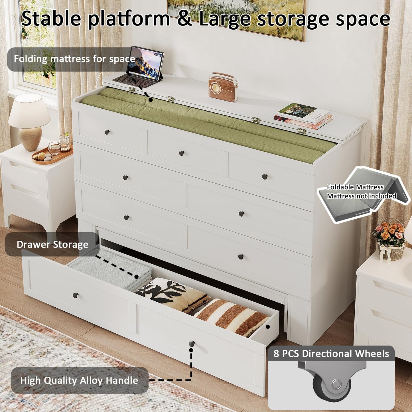 LIVAUVEAD Queen Murphy Bed with Storage & Charging Station, Murphy Cabinet with Foldable Panel, Noisy Free, for Guest Bedroom, Living Room, Office, Distressed White
