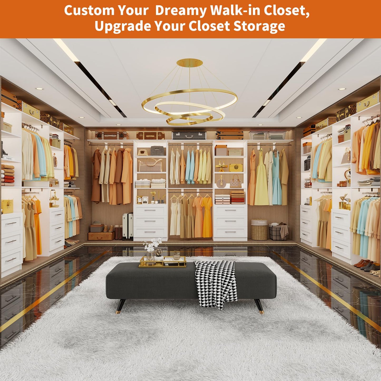 Closet System with 6 Drawers, 6-13FT Closet Organizer System Wood with 8 Shelves & 6 Expandable Hanging Rods, Closet Systems Kit for Walk in Closets, Modular Closet Organizer Systems, 2 Sets,White