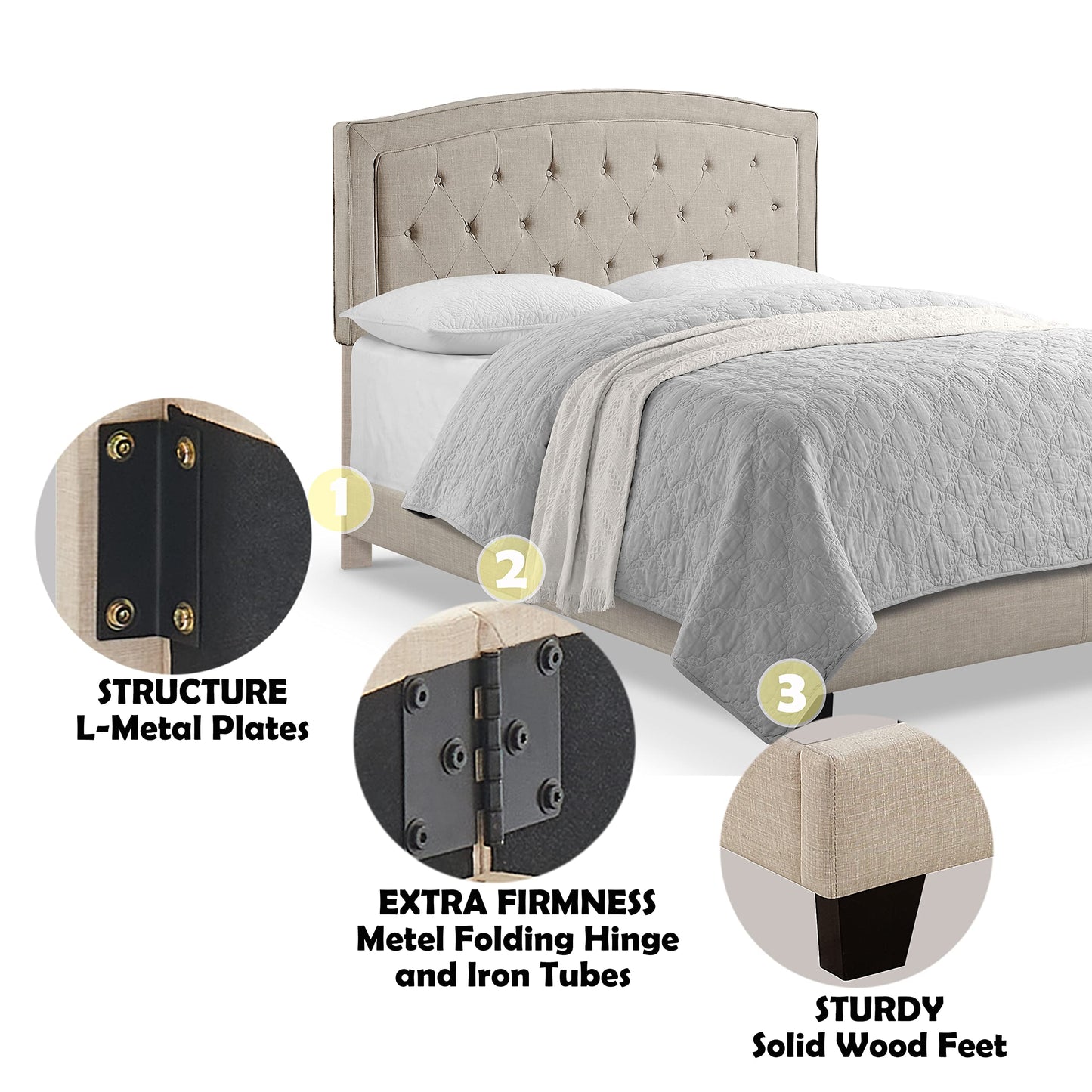 Rosevera Carlisle Panel Bed Frame with Adjustable Button-Tufted Headboard for Bedroom/Linen Upholstered/Wood Slat Support/Easy Assembly,King,Classic Beige