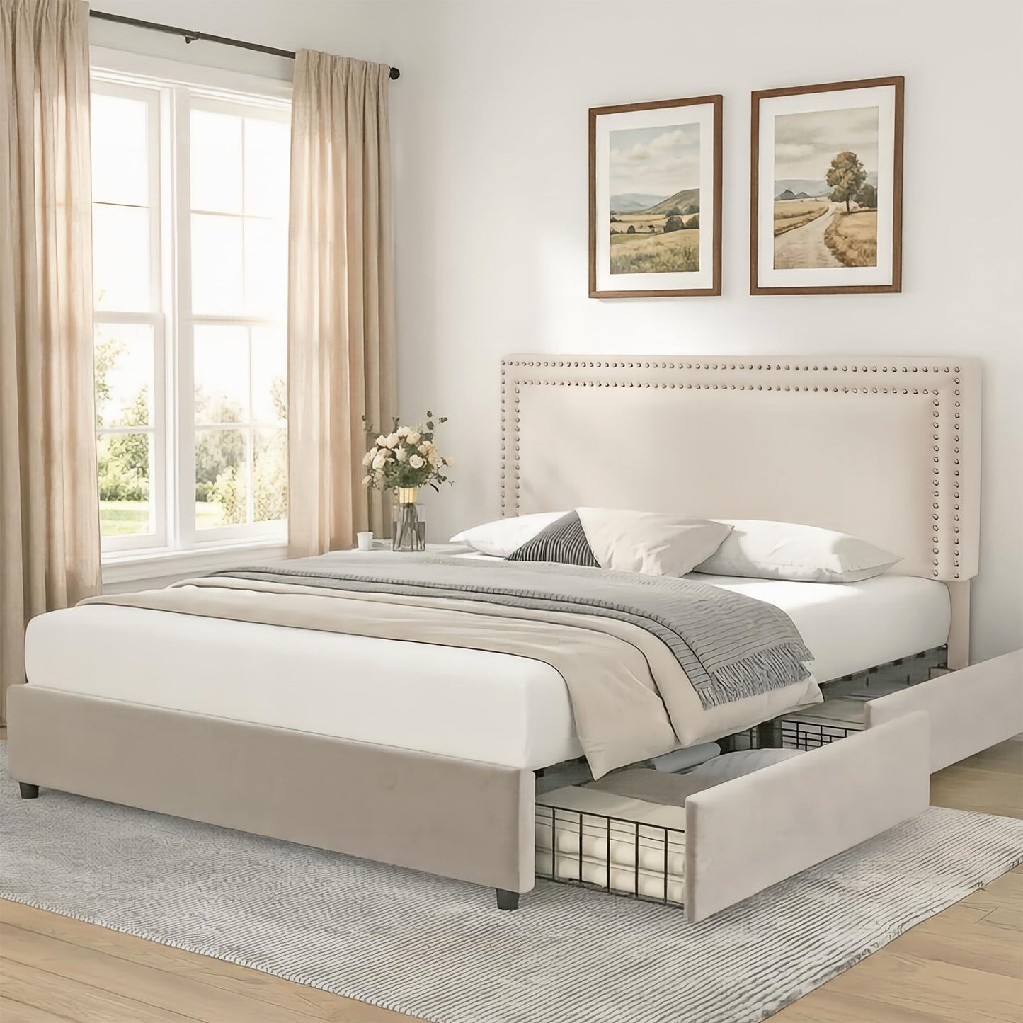 VECELO Queen Size Upholstered Bed Frame with 4 Storage Drawers, Adjustable Velvet Rivet Decor Headboard, Wooden Slats Platform Support, No Box Spring Needed, Easy Assembly,Beige
