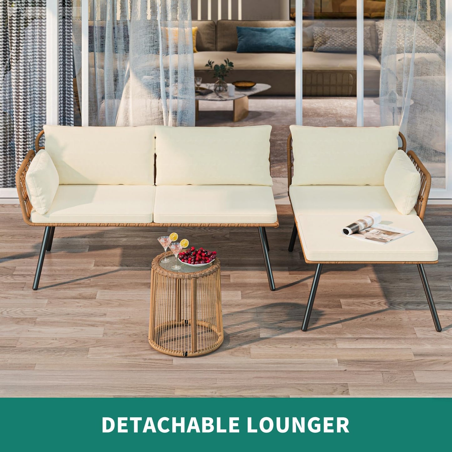 YITAHOME Rope Woven Sectional L-Shaped Sofa, 3 Pieces Patio Furniture Set for Patio Backyard Poolside, Wicker Conversation Set with Cushions, Detachable Lounger, Side Table - Beige