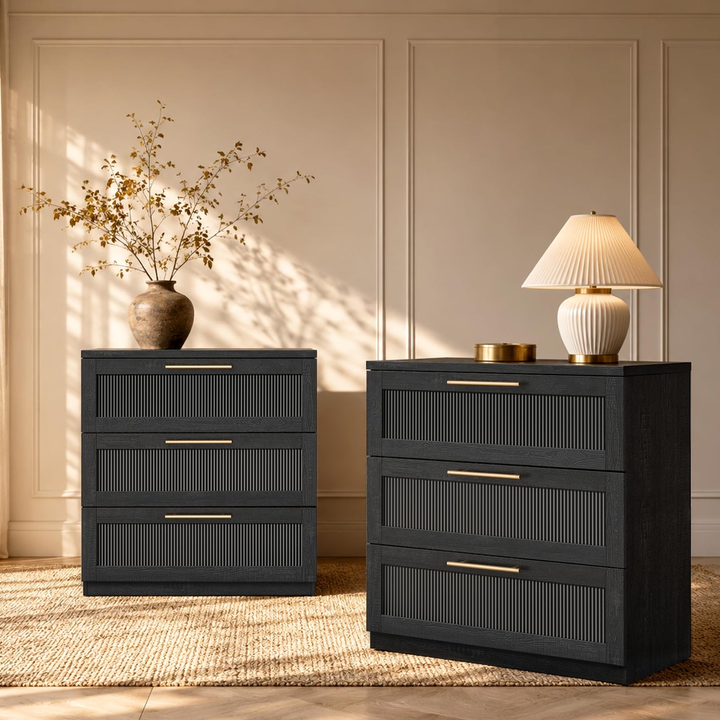 ModernMate 3 Drawer Dresser for Bedroom, Black Wood Grain Wide Nightstand and Chest of Drawers with Wave-Panel Front, 31" Tall Modular Storage Cabinet for Living Room