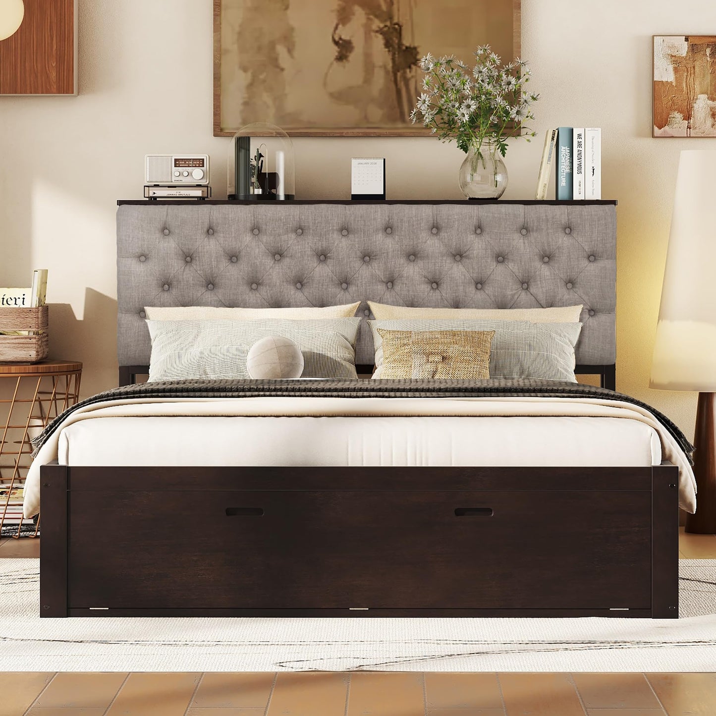 Merax Queen Size Bed Frame with Upholstered Storage Headboard, Rustic Wood Platform Bed with Four Drawers and Shoe Rack, Sturdy Wooden Slats Support, No Box Spring Needed, Easy Assembly, Espresso