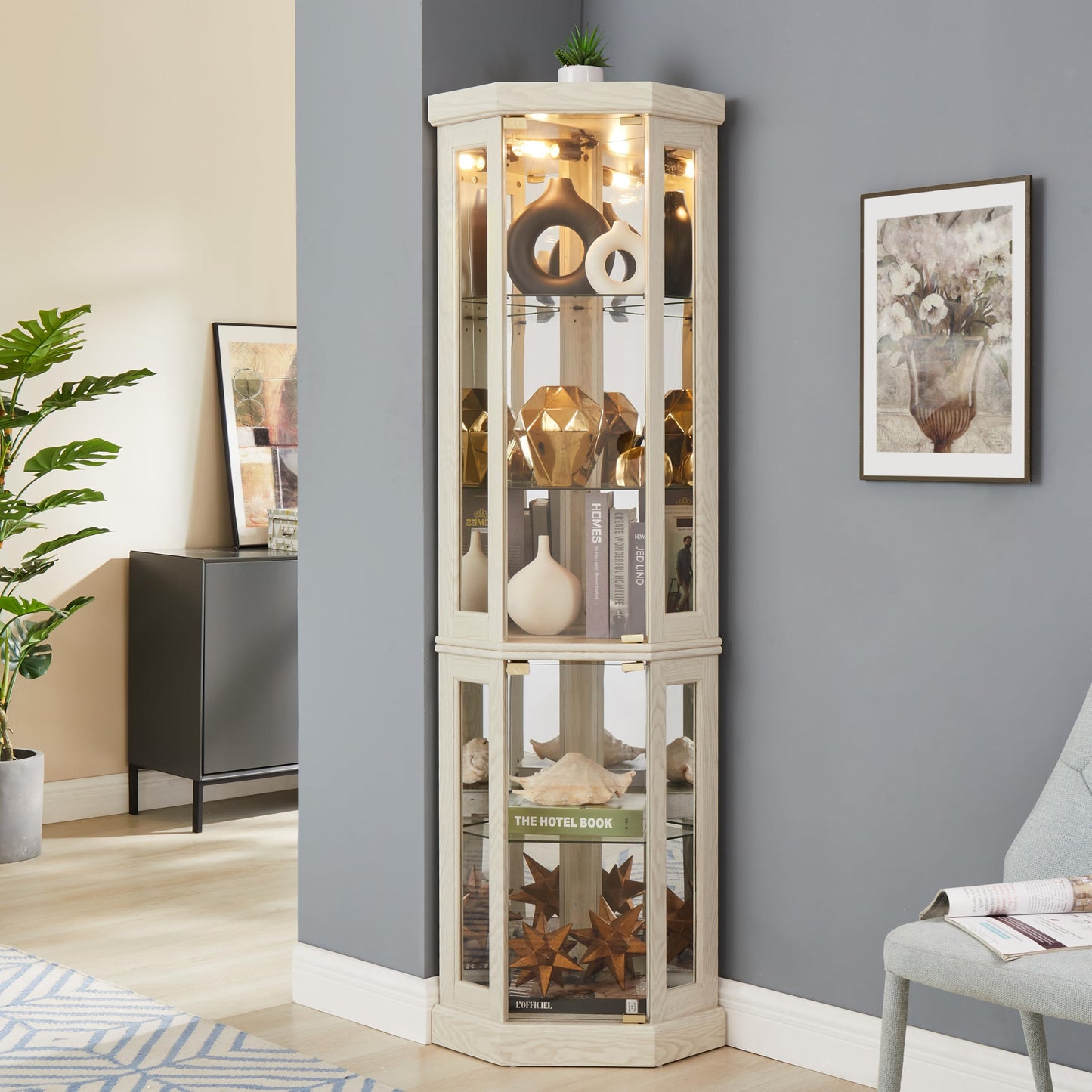 Ball & Cast 69.84" Lighted Corner Curio Cabinet with Adjustable Shelves & Glass Doors,Display Case for Antique Collectibles,Wine & Bar Storage,Space-Saving Corner Design,Easy Assembly,White