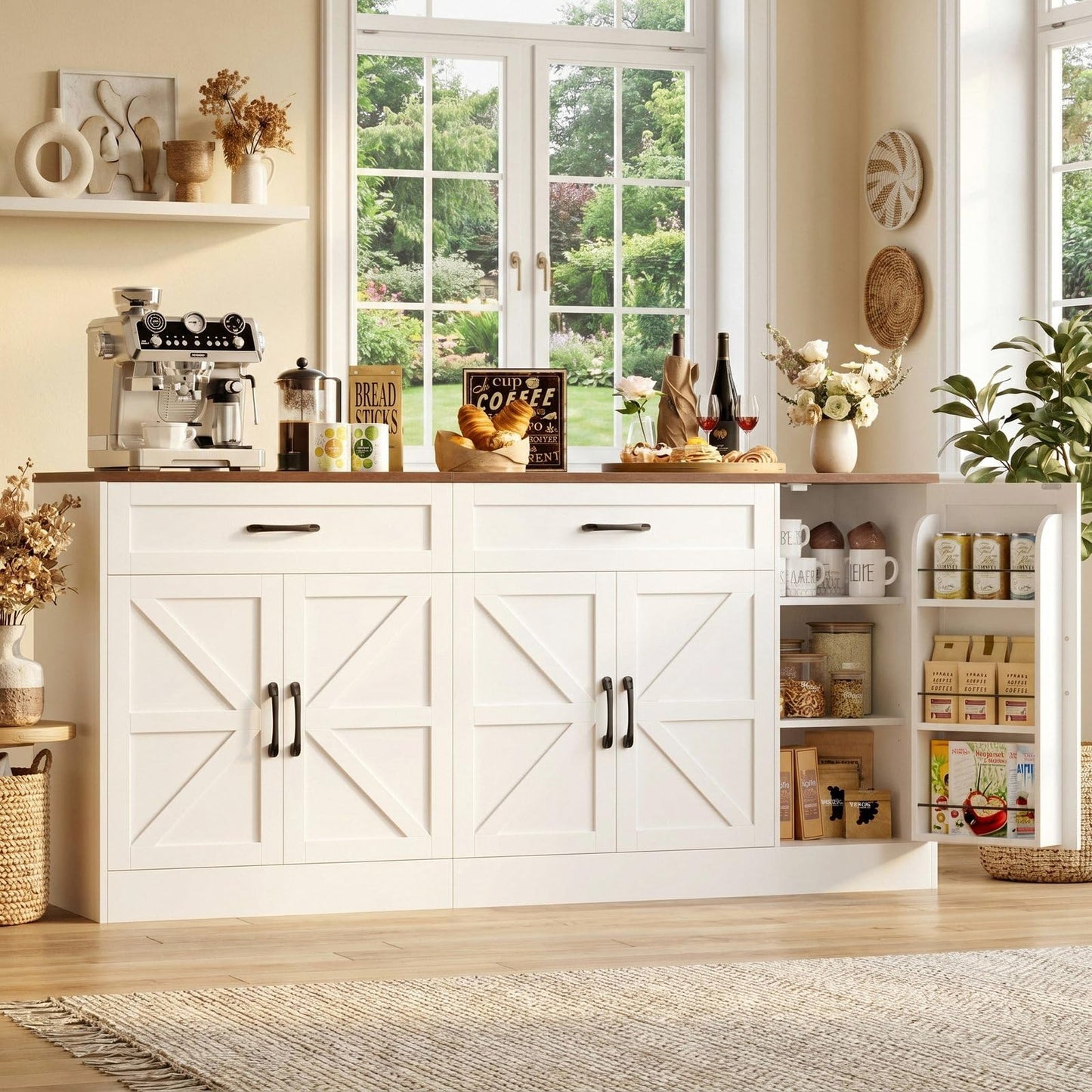 BOTLOG 71” Large Sideboard Buffet Cabinet with Storage, Farmhouse Buffet Cabinet with Adjustable Shelves and 3 Door Shelves, Wood Coffee Bar Console Table for Kitchen, Dining Room (White)
