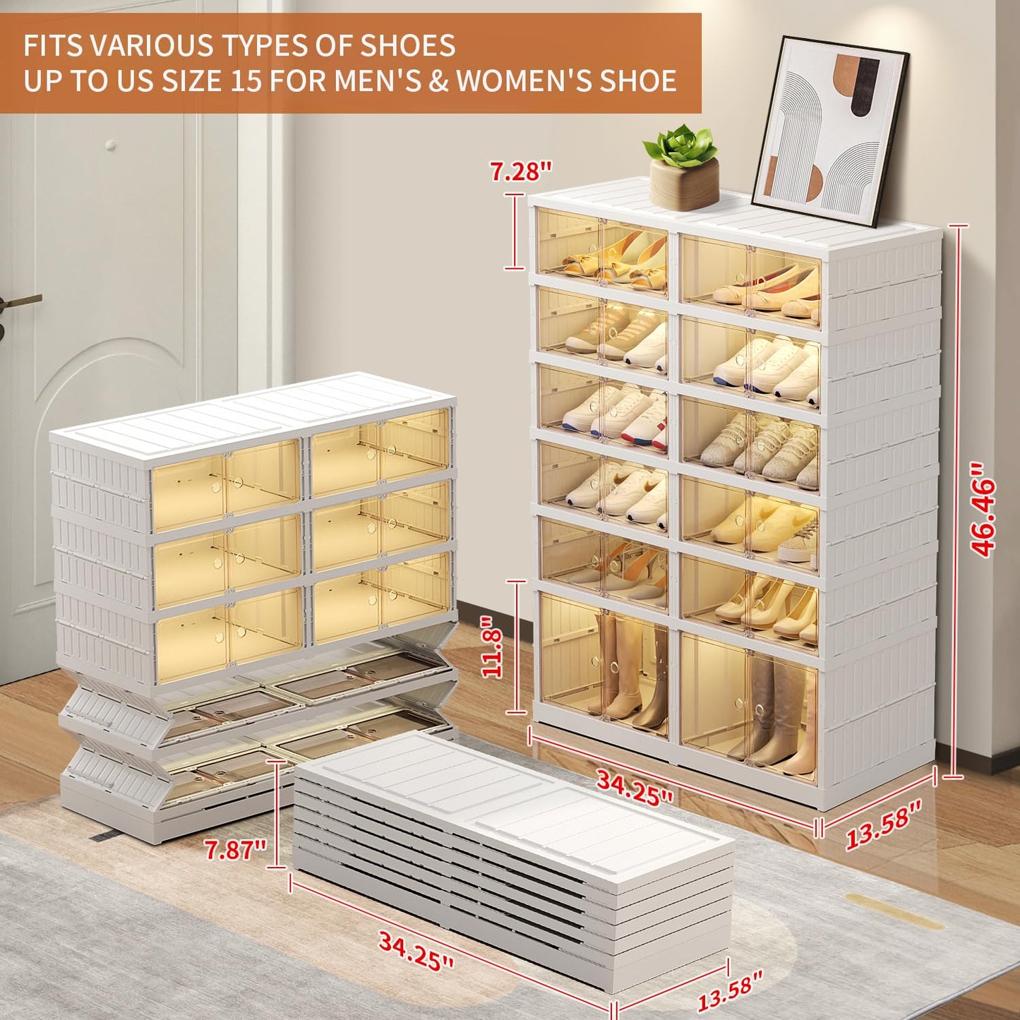 EHAMILY 6 Tier Foldable Shoe Rack Organizer for Closet 12-24Pairs Plastic Collapsible Shoe Shelf for front door entrance Stackable Clear Folding Shoes Storage Boxes XLarge Shoe Cabinet