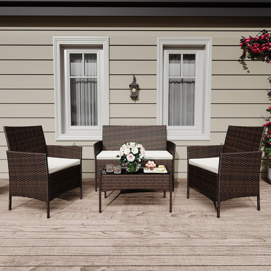 4 Pieces Patio Furniture Sets, Outdoor Wicker Conversation Sets with Soft Cushion and Glass Table, All Weather Manual Rattan Chairs for Garden, Terrace, Porch, Lawn, Poolside, Brown and Beige