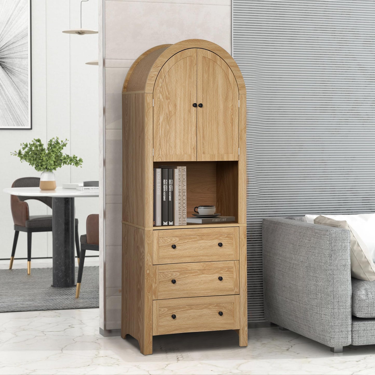 Bifins 71” Tall Arched Storage Cabinet with Drawer,Farmhouse Arched Bookcase with Door,Freestanding Arch Tall Pantry with Countertop for Kitchen Living Room (Natrual, 71inch)