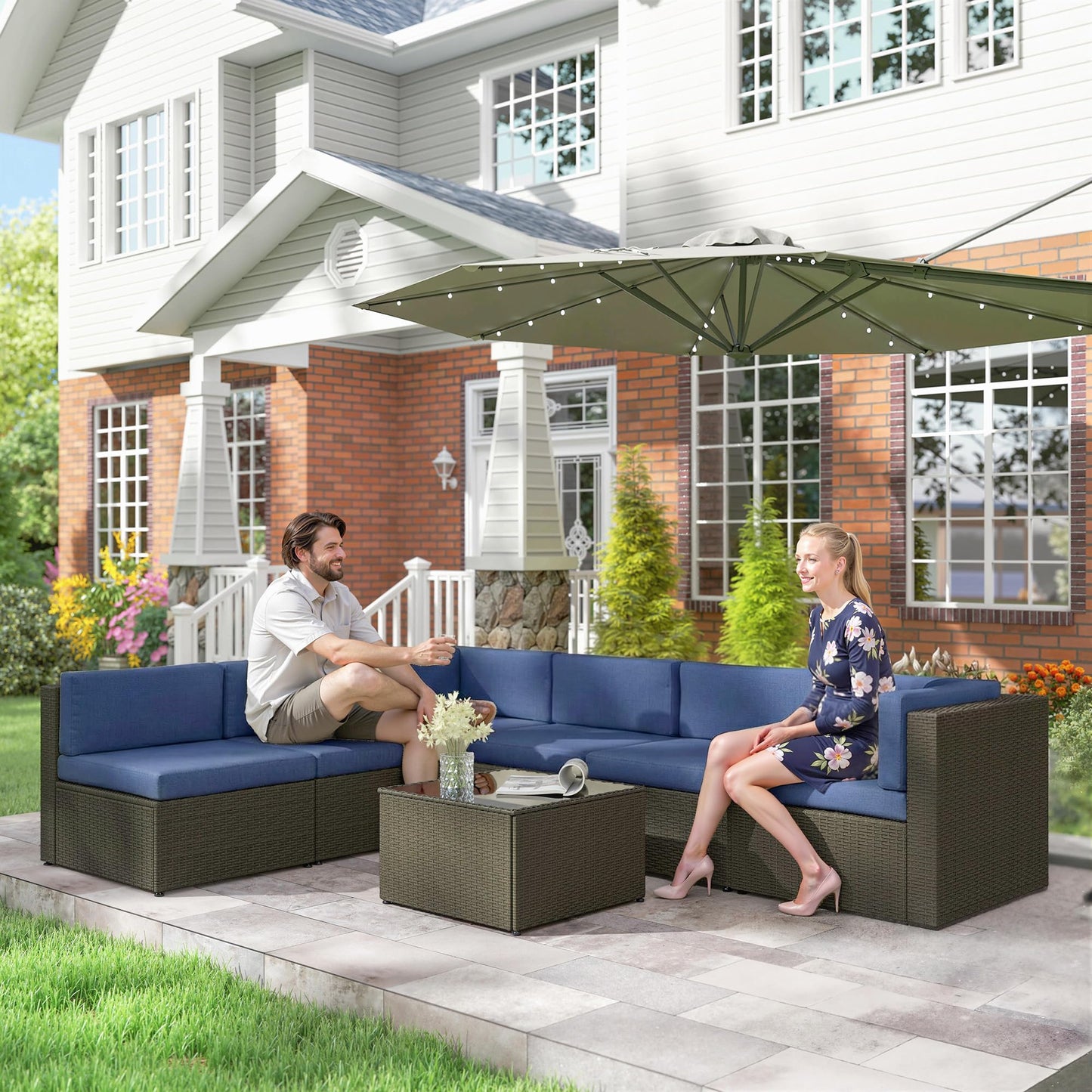 Outsunny 7 Piece Patio Furniture Set, Wicker Outdoor Sectional Sofa Set, All Weather PE Rattan Outdoor Furniture Conversation Sets with Cushions, Glass Top Coffee Table, Dark Blue