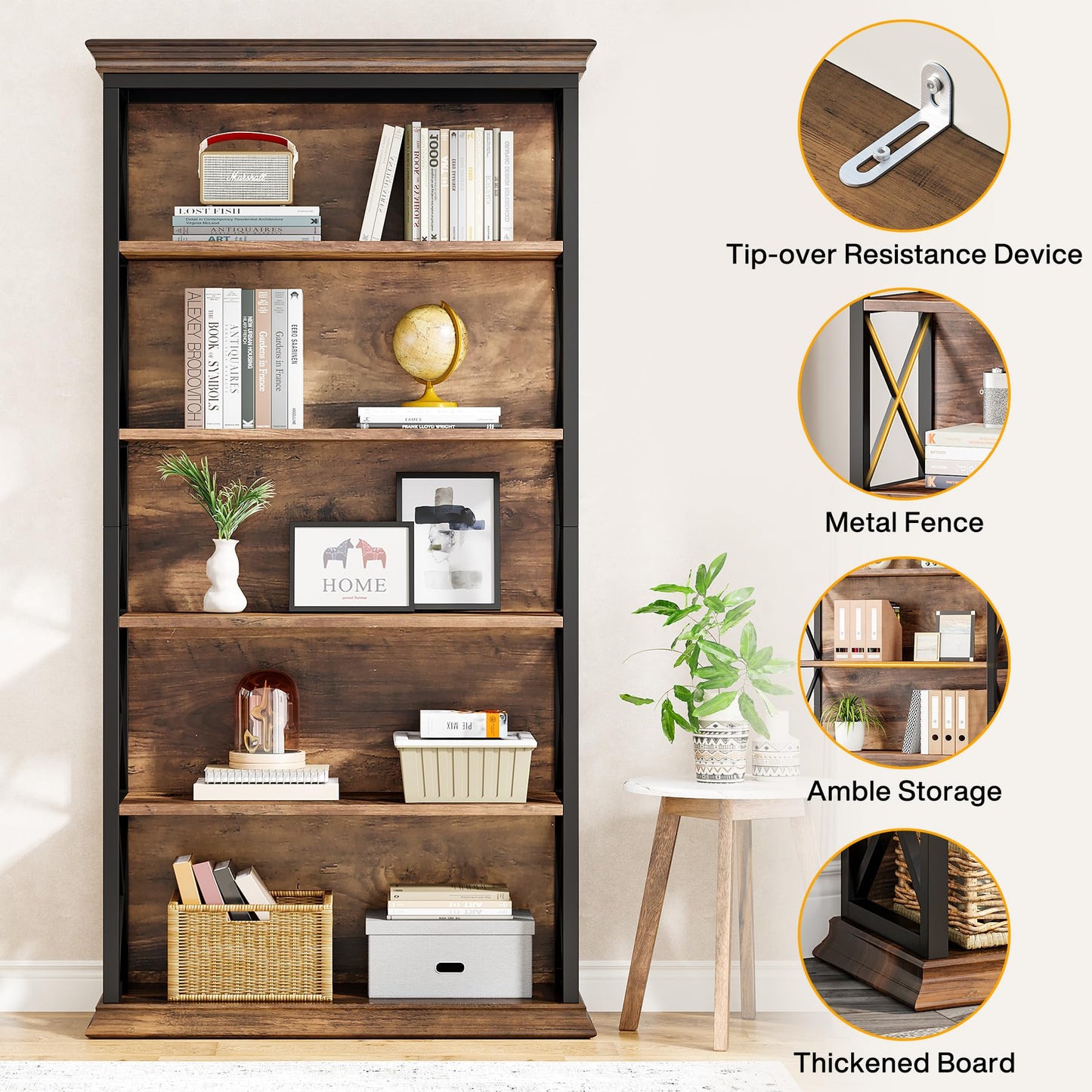 Tribesigns 6-Tier Bookcase, 71 Inches Industrial Bookshelves and Bookcases, Floor Standing 5 Shelf Display Storage Shelves Tall Bookcase for Home Office, Living Room, Bed Room, Brown and Black