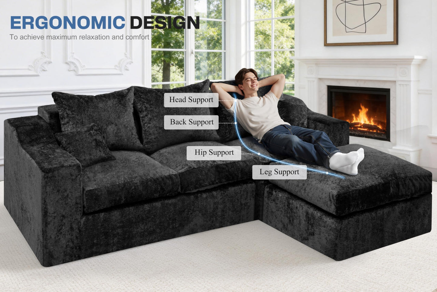 HABUTWAY 90" Boneless Couch with Ottoman, Sectional Couches for Living Room, Cloud Couch with Deep Seat, Modular Sectional Sofa with L-Shape Chaise, No Assembly Required (Black, Left Facing Chaise)