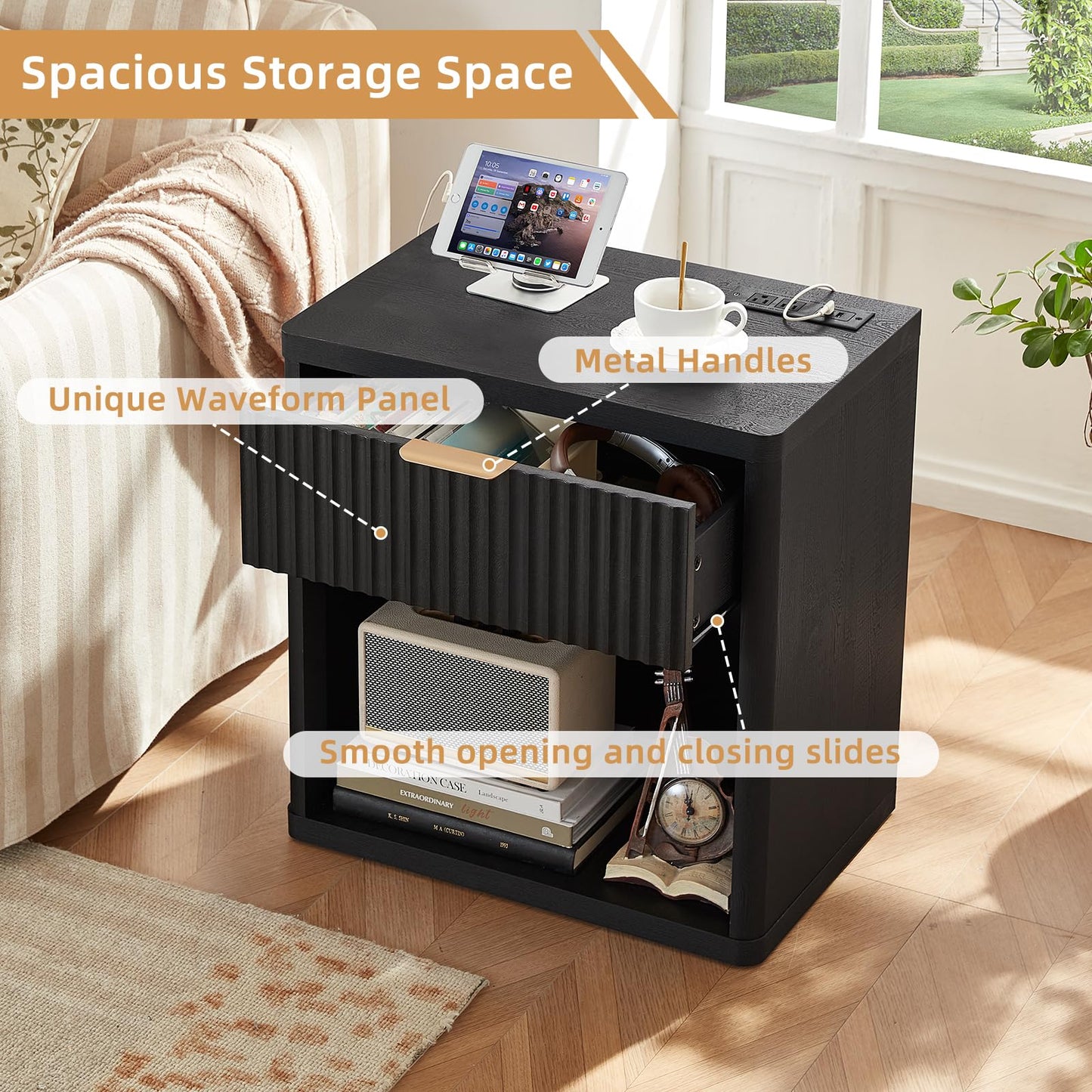 LEYAOYAO Fluted Farmhouse Nightstand Set of 2 with Charging Station, 23" Wide 1 Drawers End Table,Black Dresser for Bedroom,Bed Side Table Chest of Drawers Cabinet,Wood Night Stand for Living Room