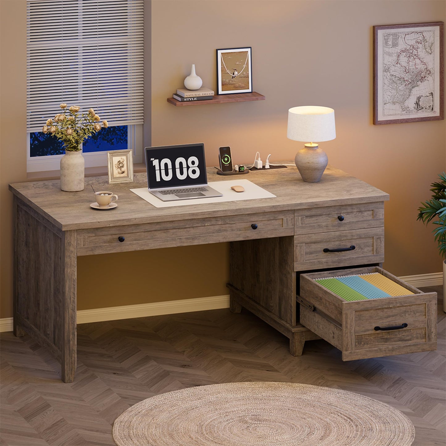 GarveeHome Farmhouse Executive Desk with Drawers, 53.54 in Home Office Desk with Charging Station, Wooden Computer Desk with File Cabinet Storage for Work Study Writing, Rustic Gray