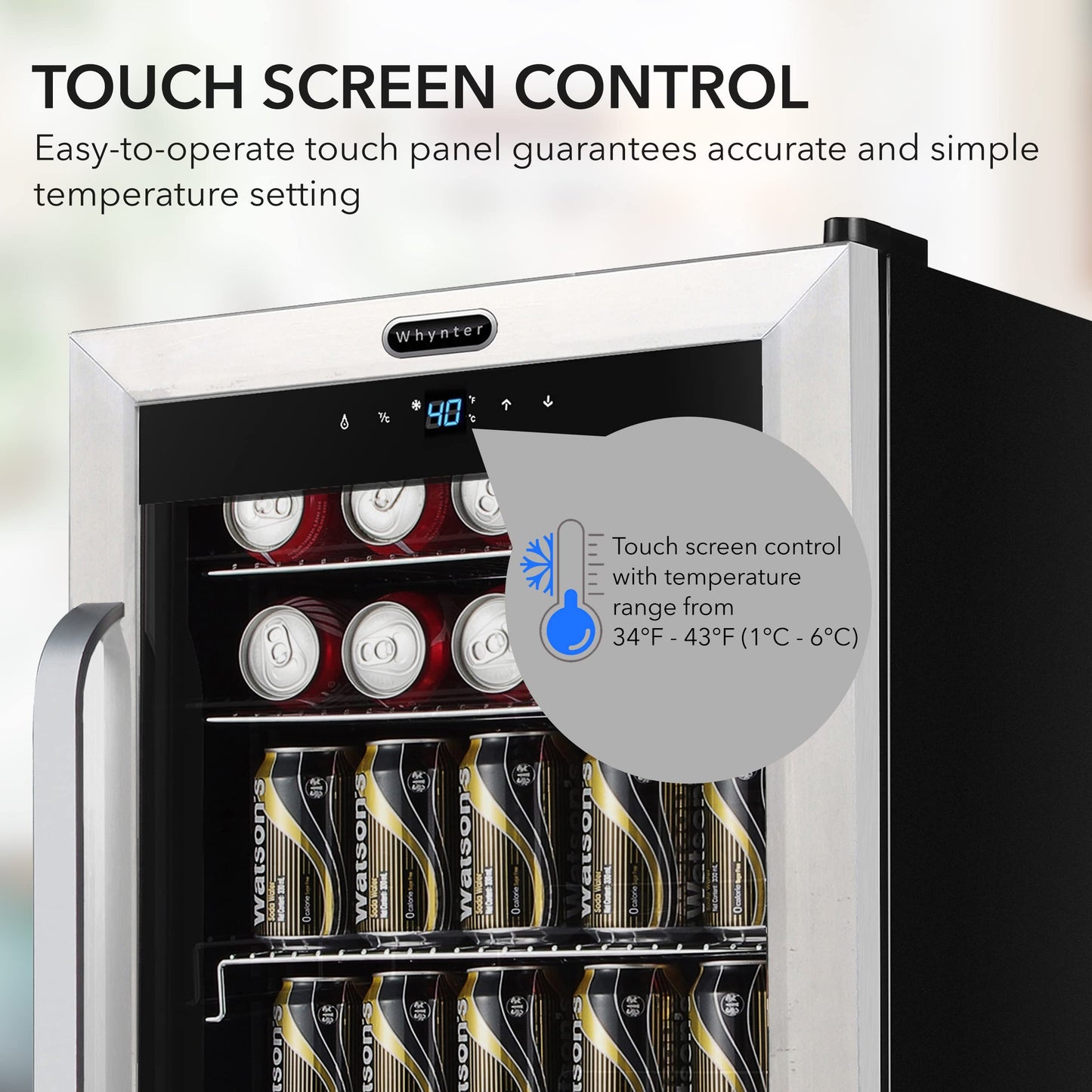 Whynter Beverage Refrigerator with Double-Layer Glass Door, 136-Can 3.4 Cu. Ft. Drink Mini Fridge with Lock & Digital Control, BR-1211DS, Stainless Steel