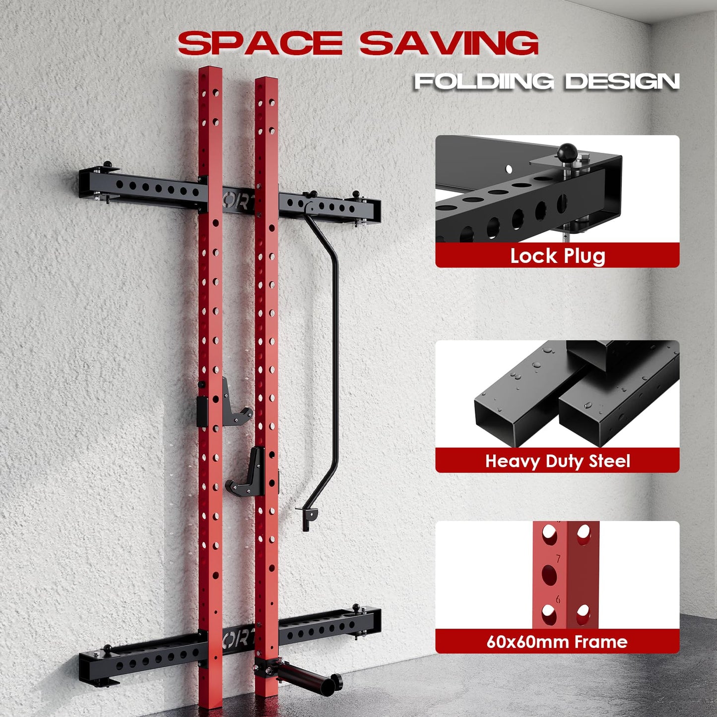 Garvee Folding Squat Rack for Home Gym, 2.36 in x 2.36 in Wall Mounted Foldable Squat Rack with Pull Up Bar, J Hooks and Landmine Attachments, 1000 LBS Capacity Space Saving Weight Power Cage